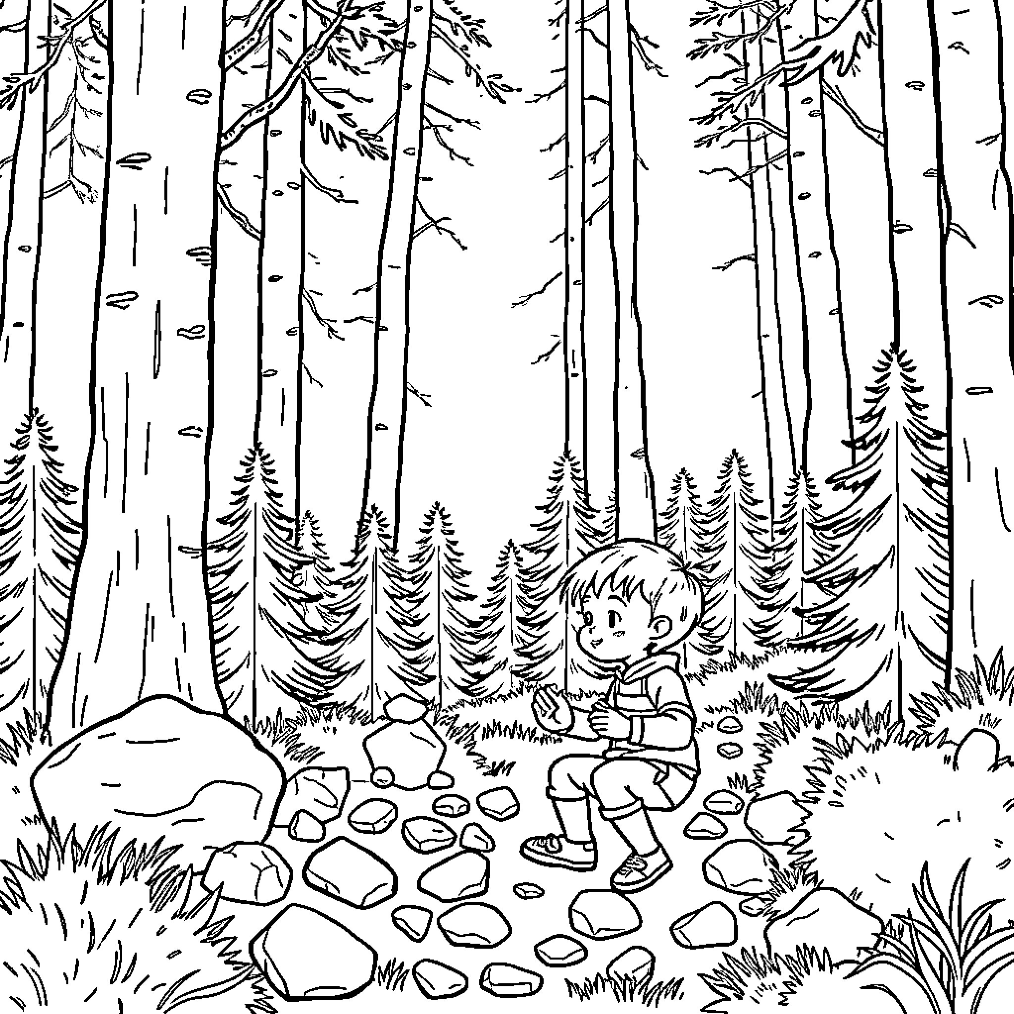 Boy exploring the forest path Coloring Page (free black-and-white line drawing printable PDF for all, from beginners to advanced learners, including children, teens, adults, and seniors)
