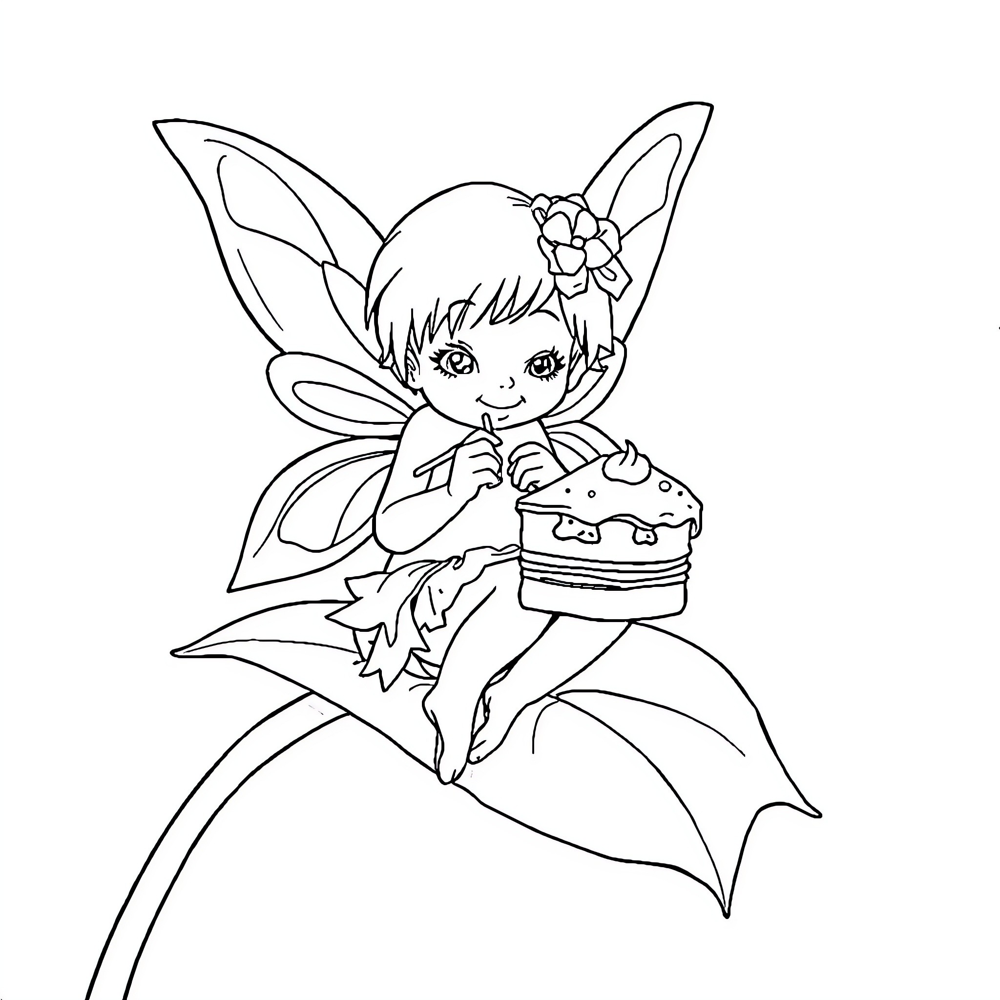 Fairy holding a birthday cake Coloring Page (free black-and-white line drawing printable PDF for all, from beginners to advanced learners, including children, teens, adults, and seniors)