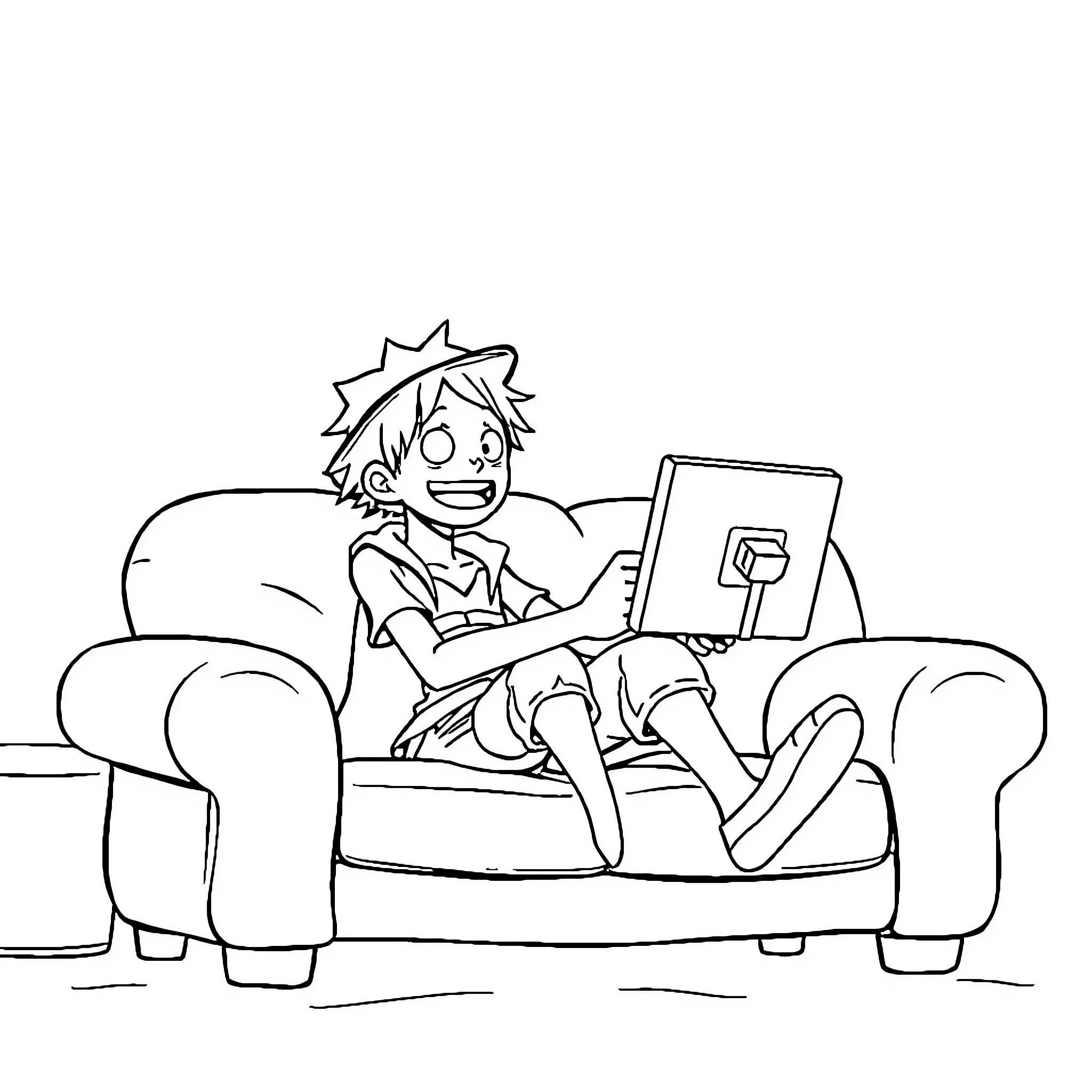 Luffy relaxing and using a laptop on the couch Coloring Page (free black-and-white line drawing printable PDF for all, from beginners to advanced learners, including children, teens, adults, and seniors)