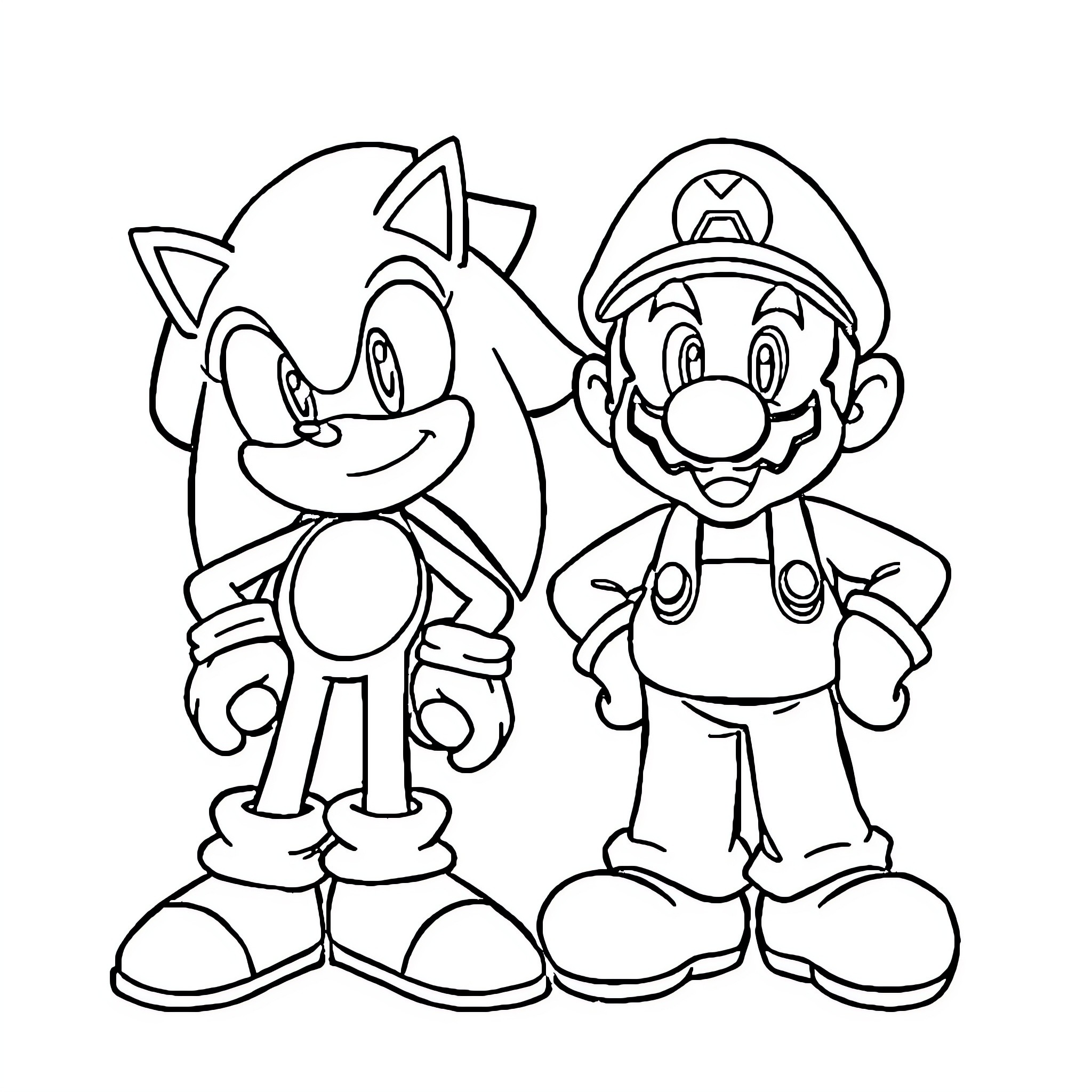 Sonic and Mario in Playful Poses Coloring Page (free black-and-white line drawing printable PDF for all, from beginners to advanced learners, including children, teens, adults, and seniors)