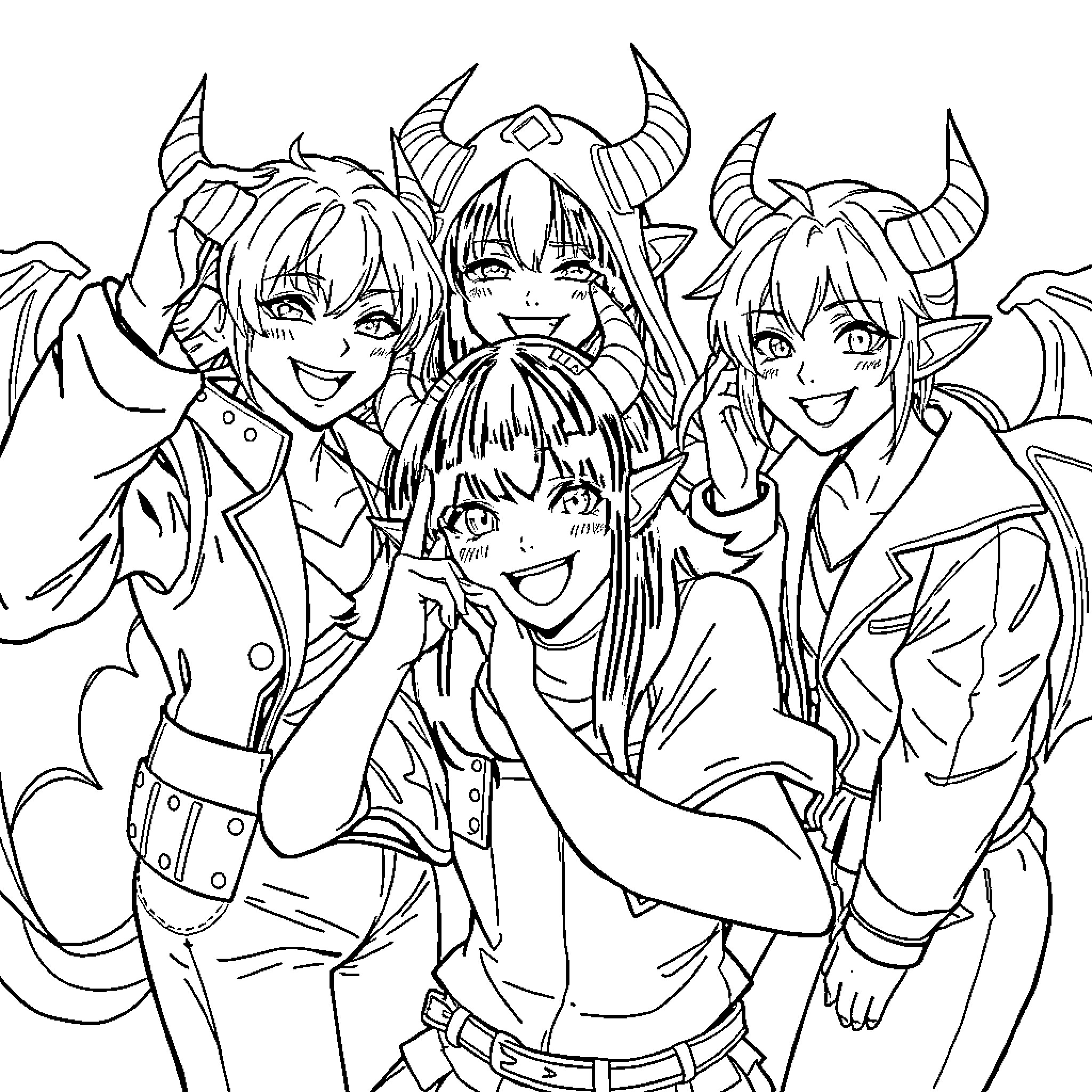 Kpop Demon Hunter: Playful Demonic Crew Coloring Page (free black-and-white line drawing printable PDF for all, from beginners to advanced learners, including children, teens, adults, and seniors)