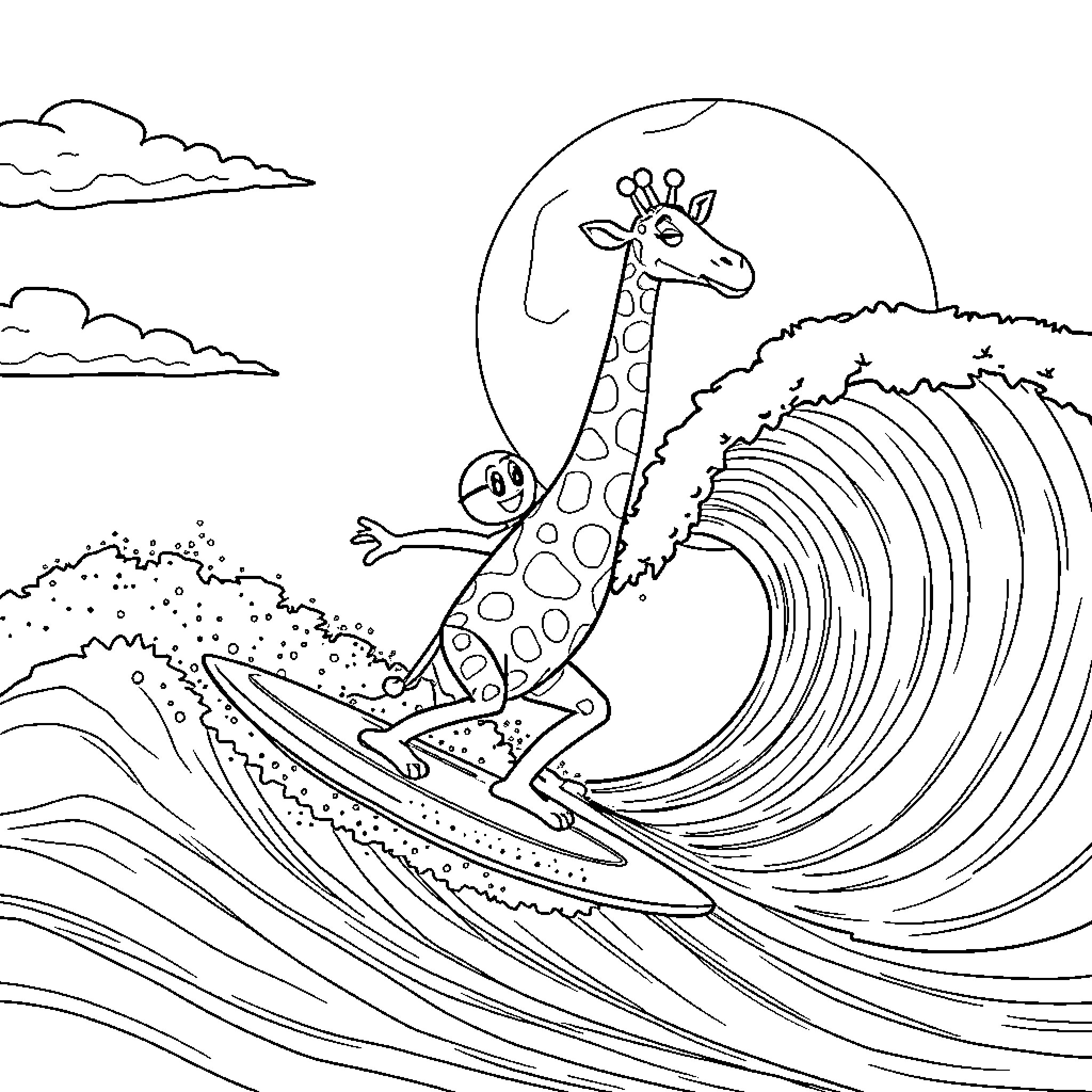 KK Slider surfing on a giant wave Coloring Page (free black-and-white line drawing printable PDF for all, from beginners to advanced learners, including children, teens, adults, and seniors)