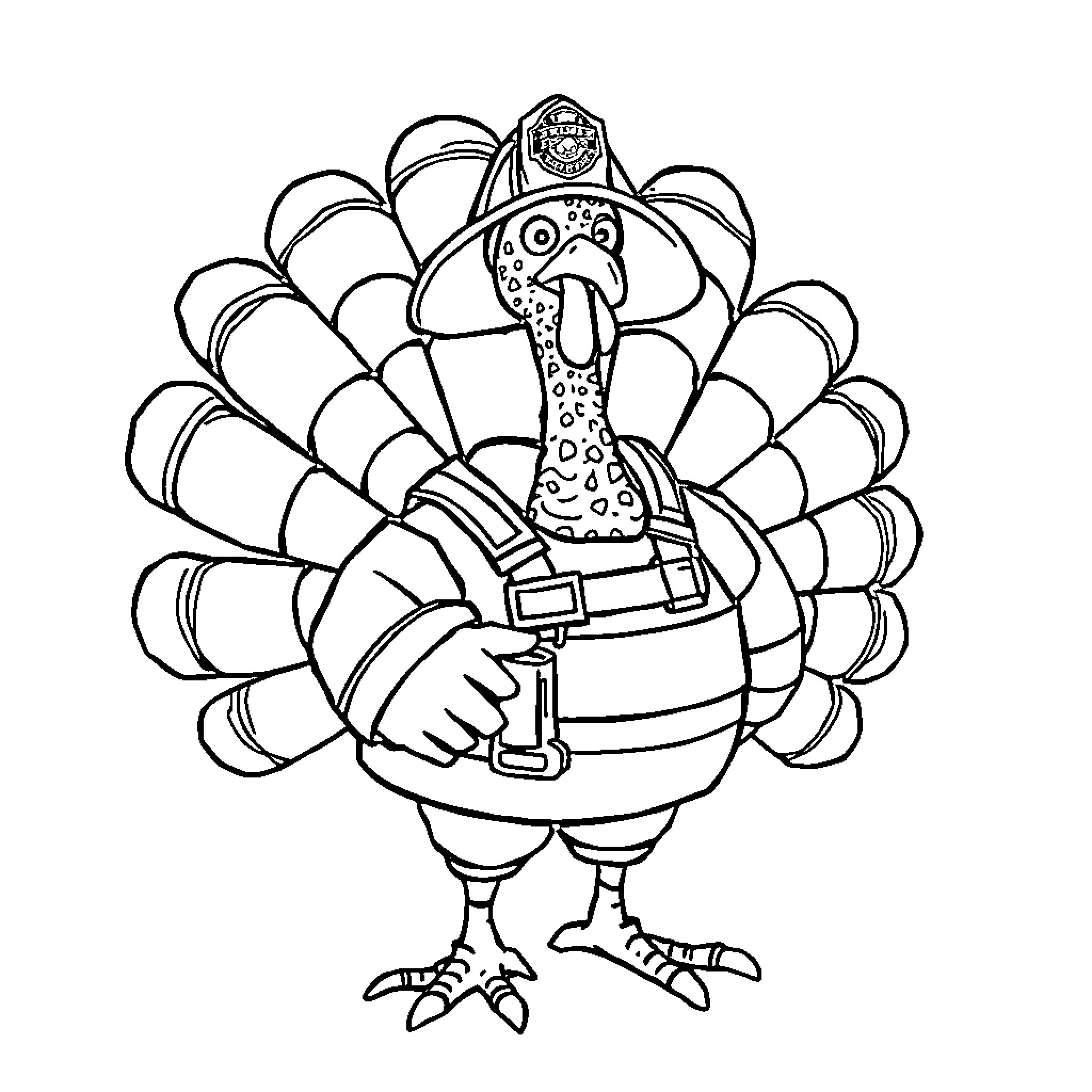 Turkey wearing a police uniform and holding a donut Coloring Page (free black-and-white line drawing printable PDF for all, from beginners to advanced learners, including children, teens, adults, and seniors)
