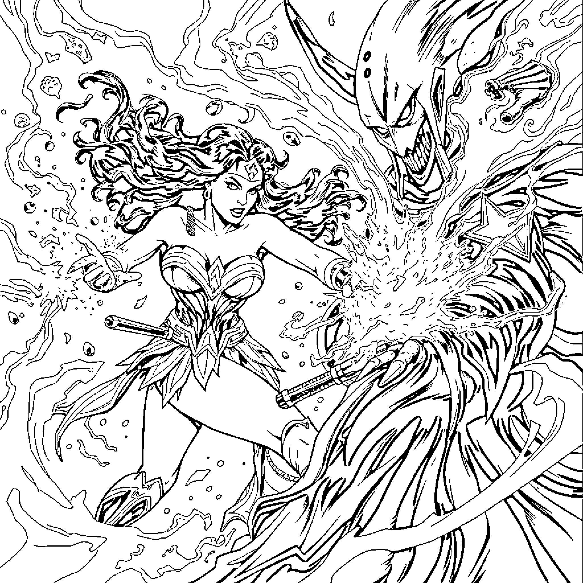 Wonder Woman unleashing her powerful abilities Coloring Page (free black-and-white line drawing printable PDF for all, from beginners to advanced learners, including children, teens, adults, and seniors)