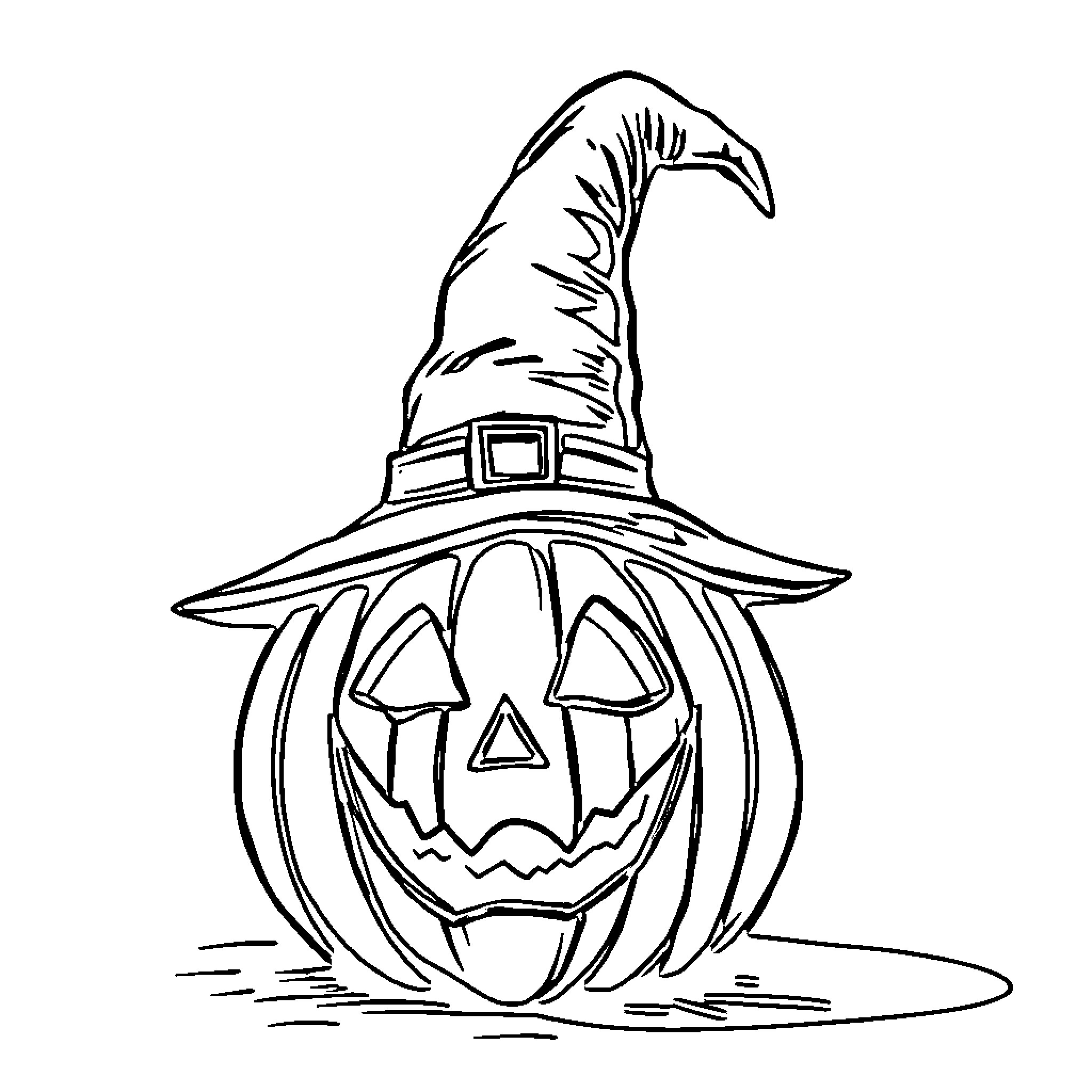 Jack-o'-lantern with witch's hat smiling Coloring Page (free black-and-white line drawing printable PDF for all, from beginners to advanced learners, including children, teens, adults, and seniors)