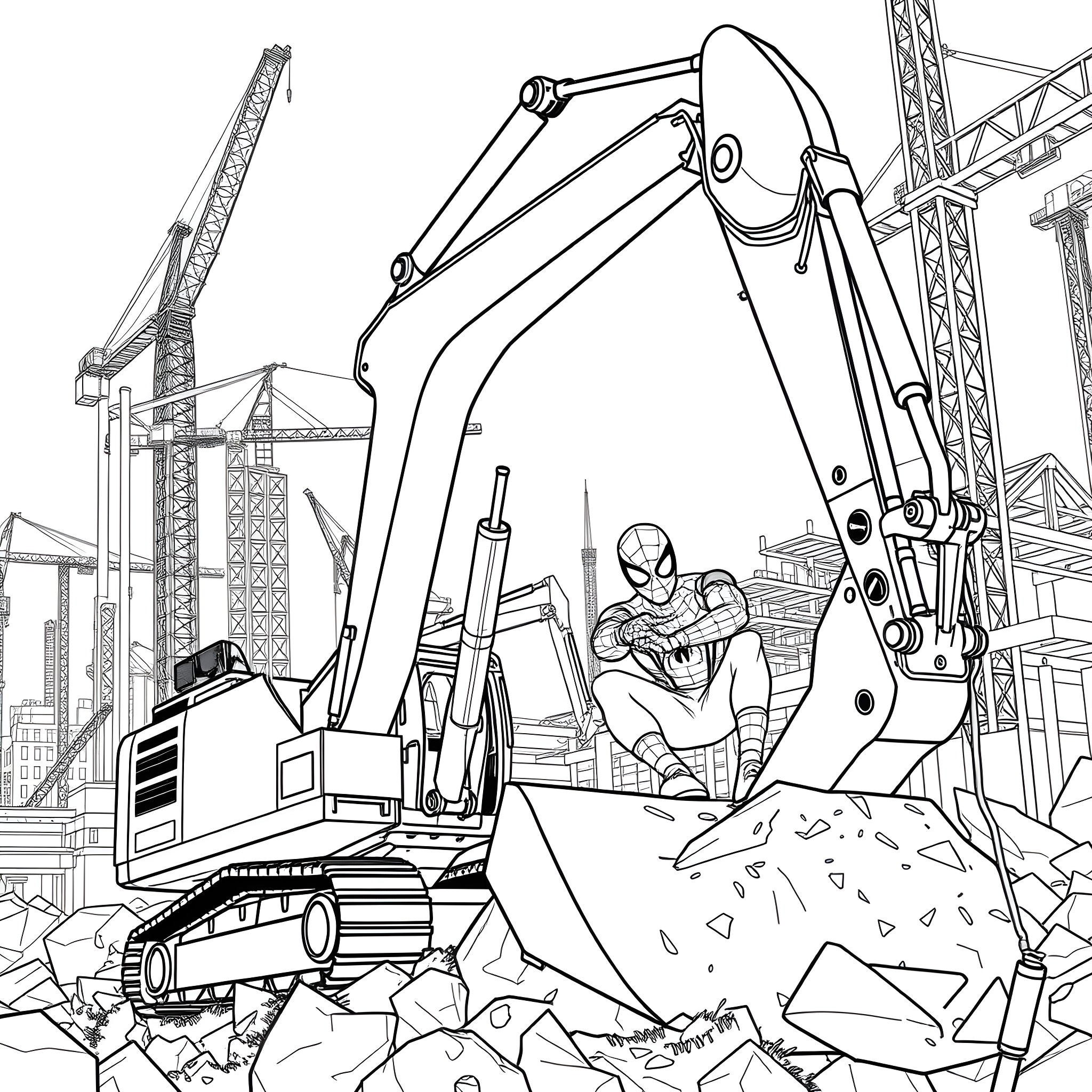 Spiderman operating construction equipment on a building site Coloring Page (free black-and-white line drawing printable PDF for all, from beginners to advanced learners, including children, teens, adults, and seniors)