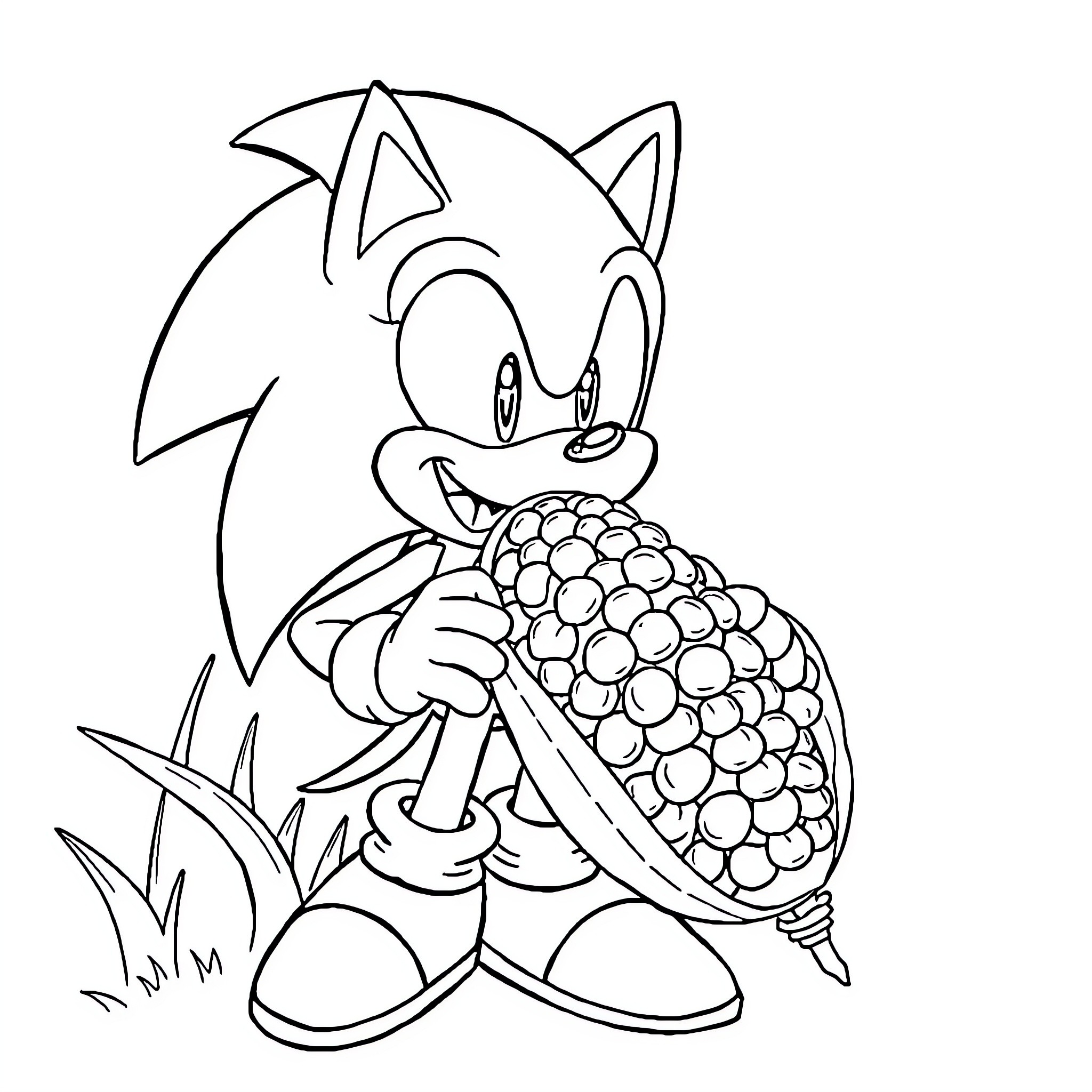 Sonic holding a large fruit Coloring Page (free black-and-white line drawing printable PDF for all, from beginners to advanced learners, including children, teens, adults, and seniors)