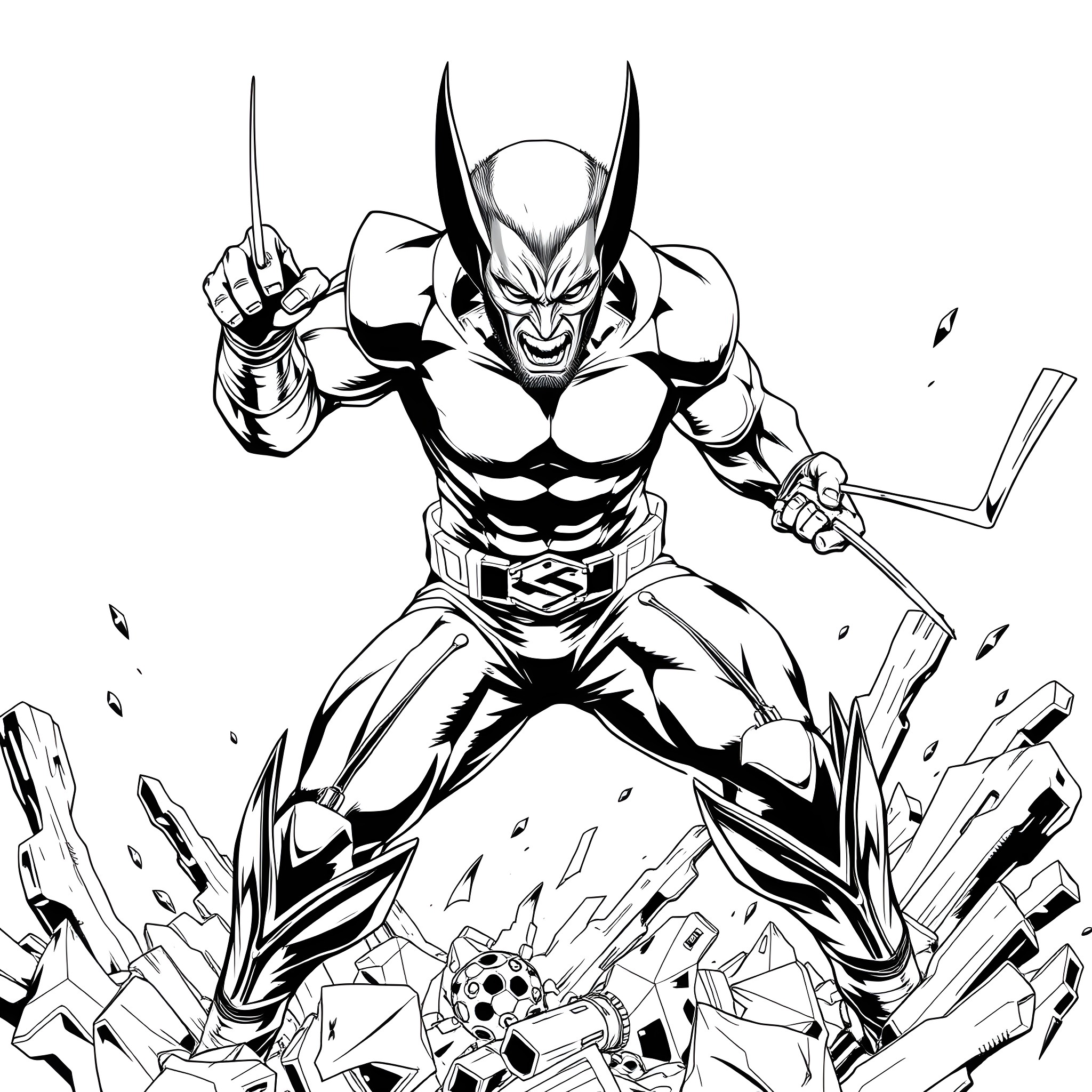 Wolverine bursting through debris with claws extended Coloring Page (free black-and-white line drawing printable PDF for all, from beginners to advanced learners, including children, teens, adults, and seniors)
