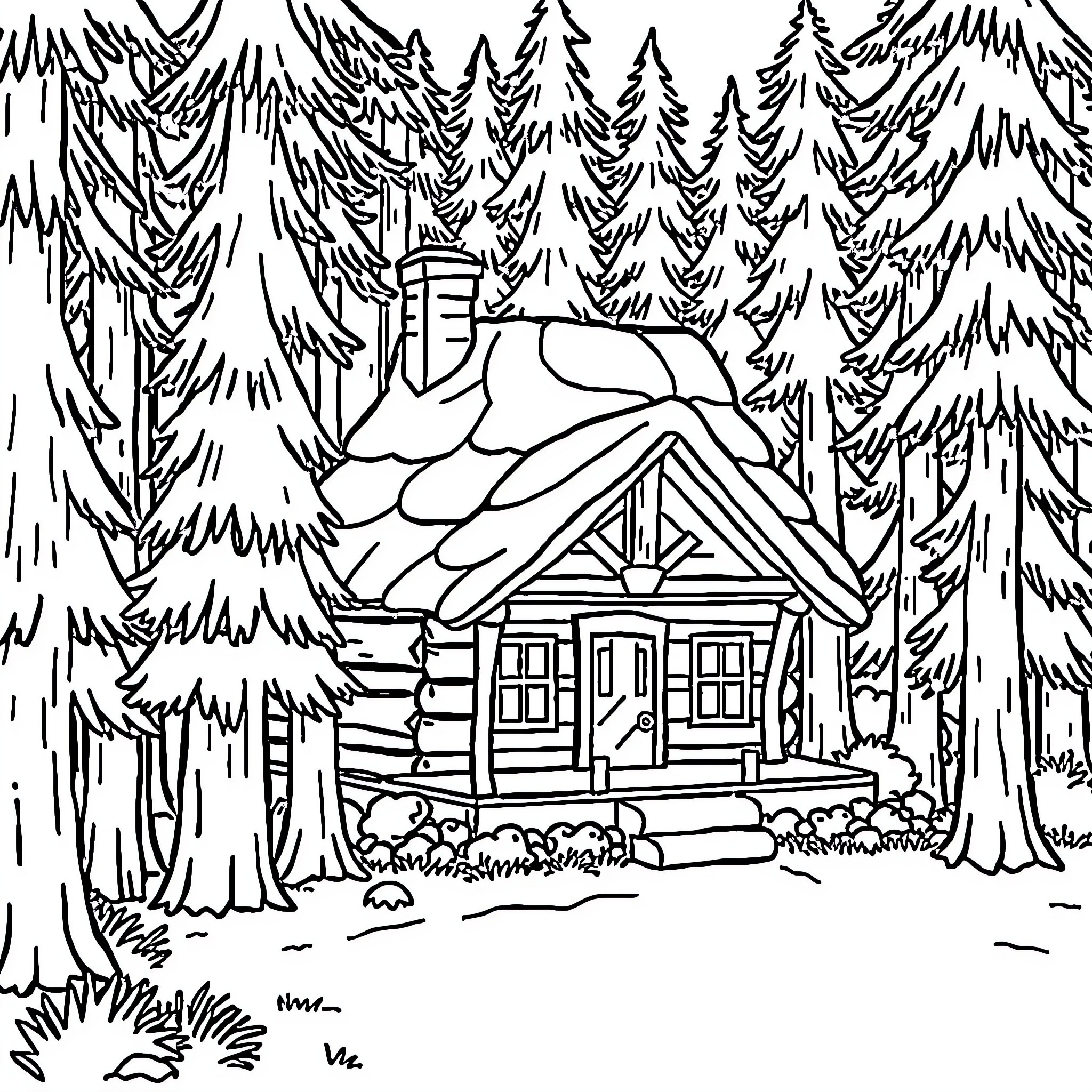 House in the snowy forest Coloring Page (free black-and-white line drawing printable PDF for all, from beginners to advanced learners, including children, teens, adults, and seniors)