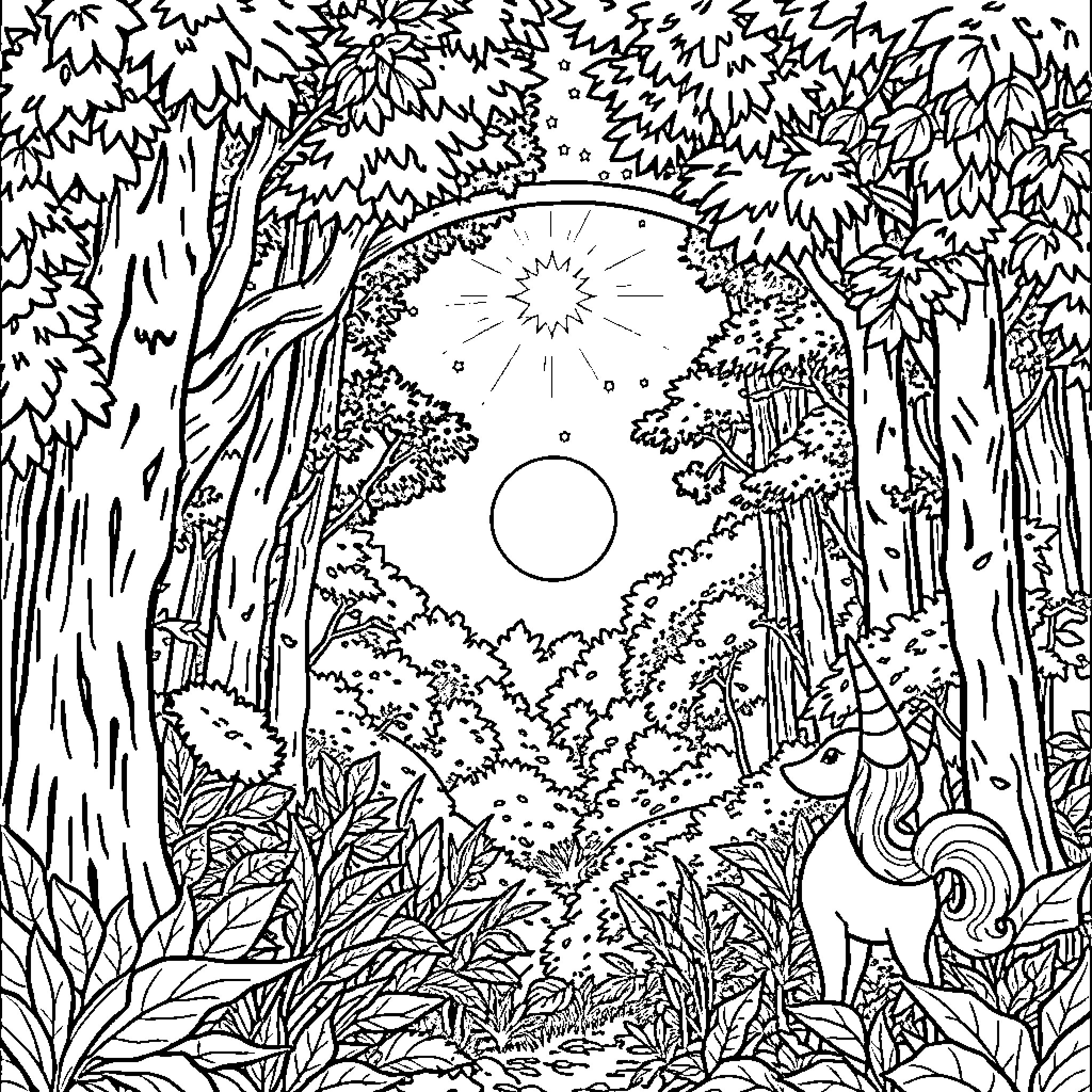 Unicorn in the enchanted forest Coloring Page (free black-and-white line drawing printable PDF for all, from beginners to advanced learners, including children, teens, adults, and seniors)