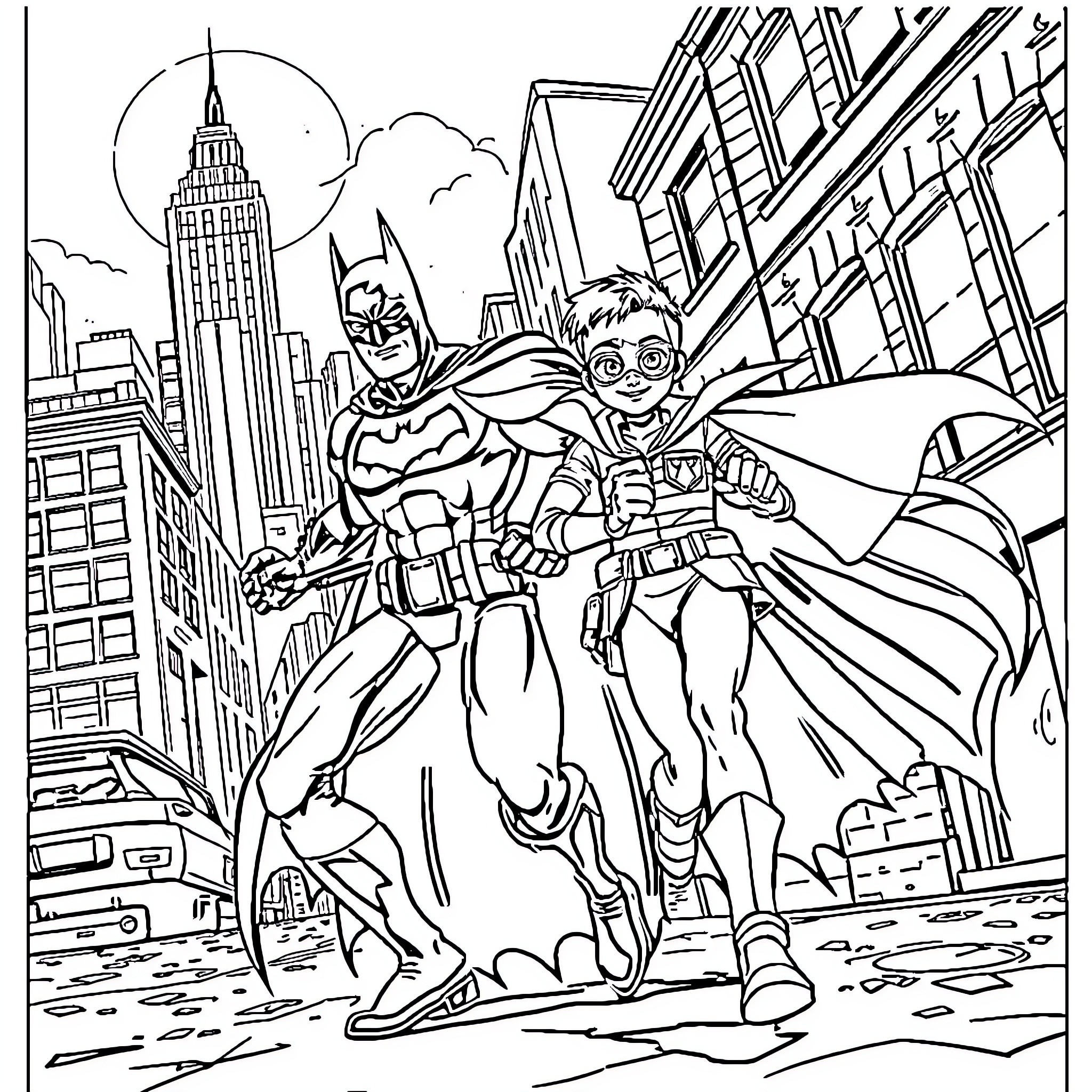 Batman and Robin saving the city from danger Coloring Page (free black-and-white line drawing printable PDF for all, from beginners to advanced learners, including children, teens, adults, and seniors)