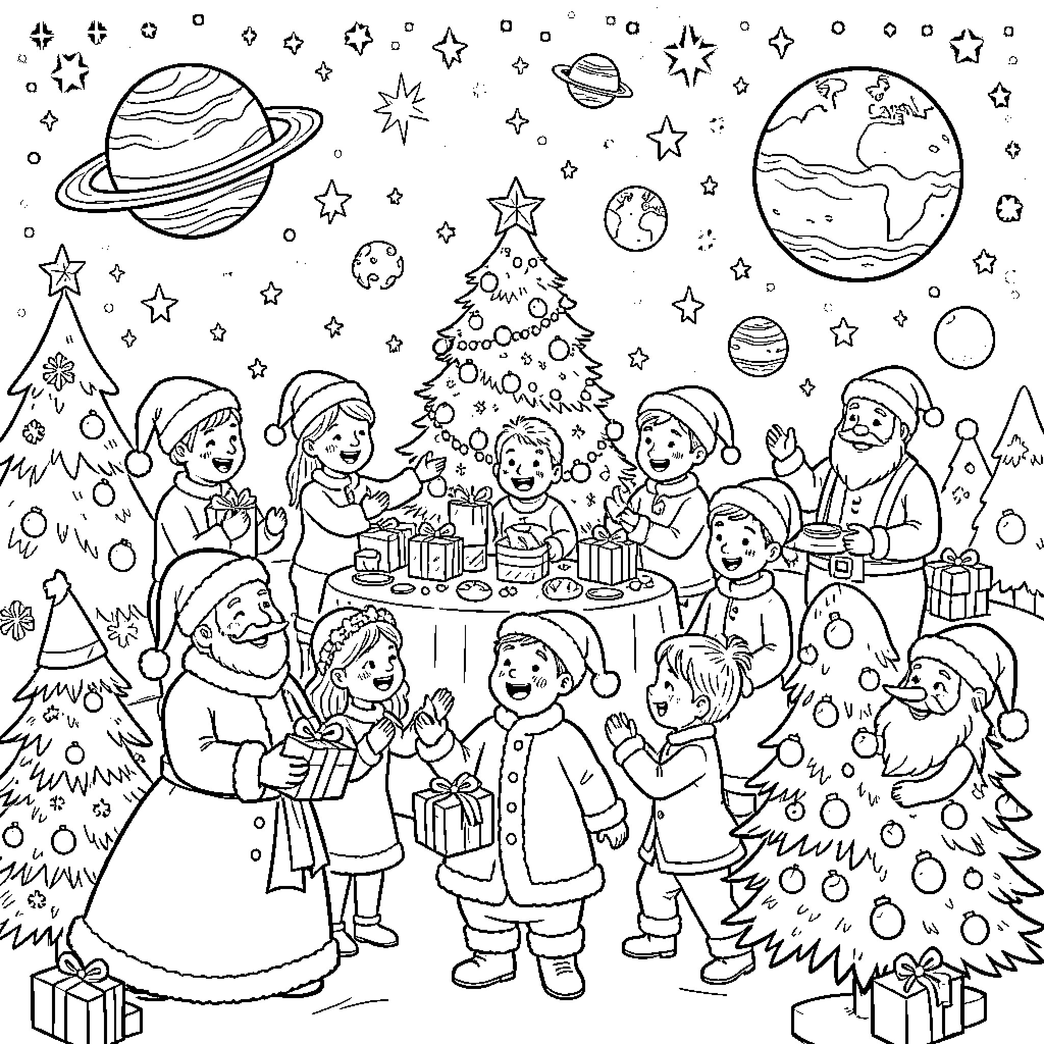 Christmas Celebration with Family and Friends Coloring Page (free black-and-white line drawing printable PDF for all, from beginners to advanced learners, including children, teens, adults, and seniors)
