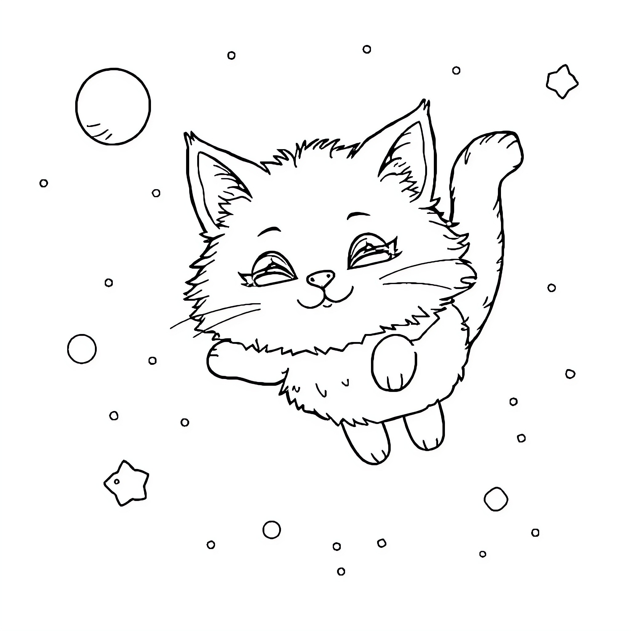 Kitty playing playfully among the stars Coloring Page (free black-and-white line drawing printable PDF for all, from beginners to advanced learners, including children, teens, adults, and seniors)