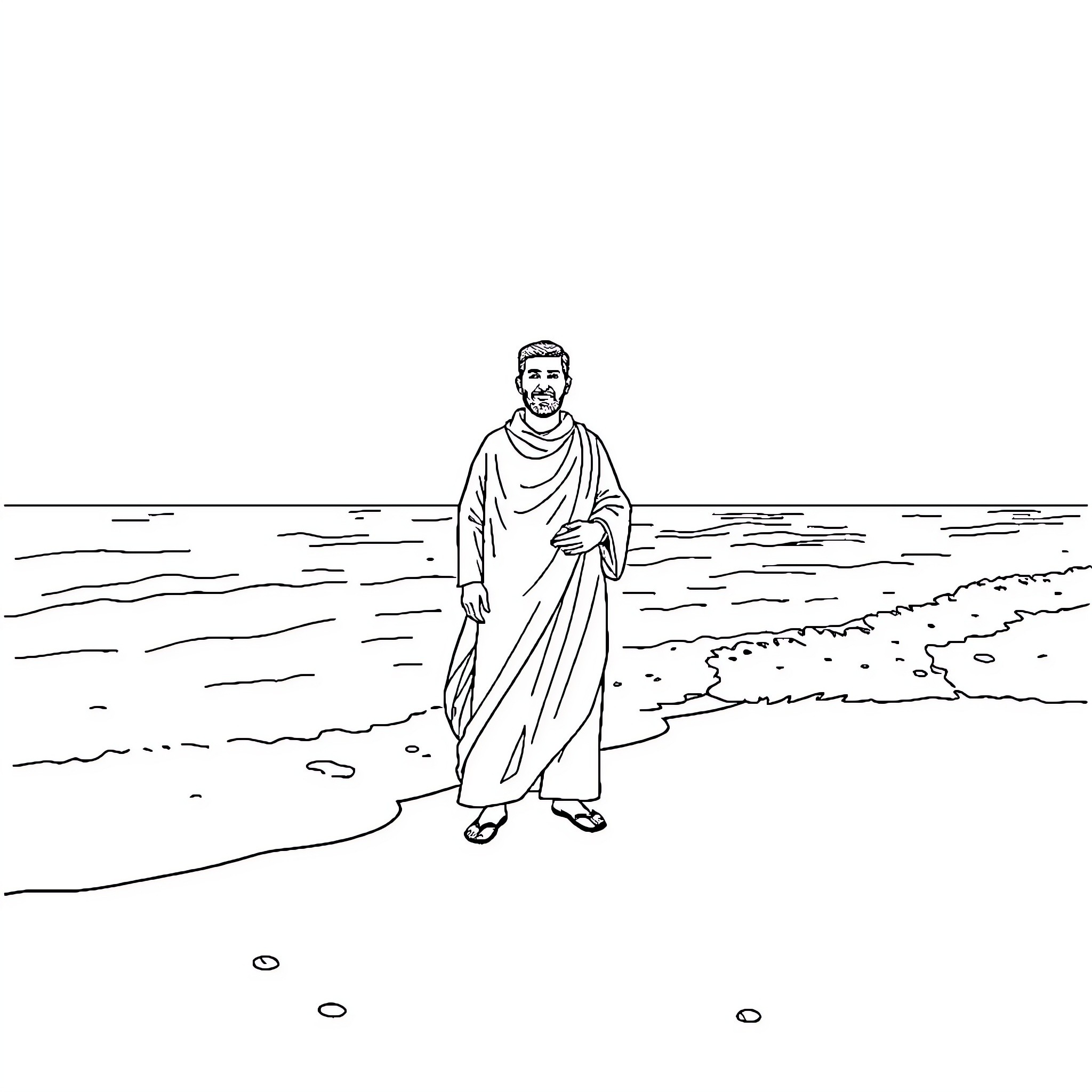 Brother standing calmly on the shore Coloring Page (free black-and-white line drawing printable PDF for all, from beginners to advanced learners, including children, teens, adults, and seniors)