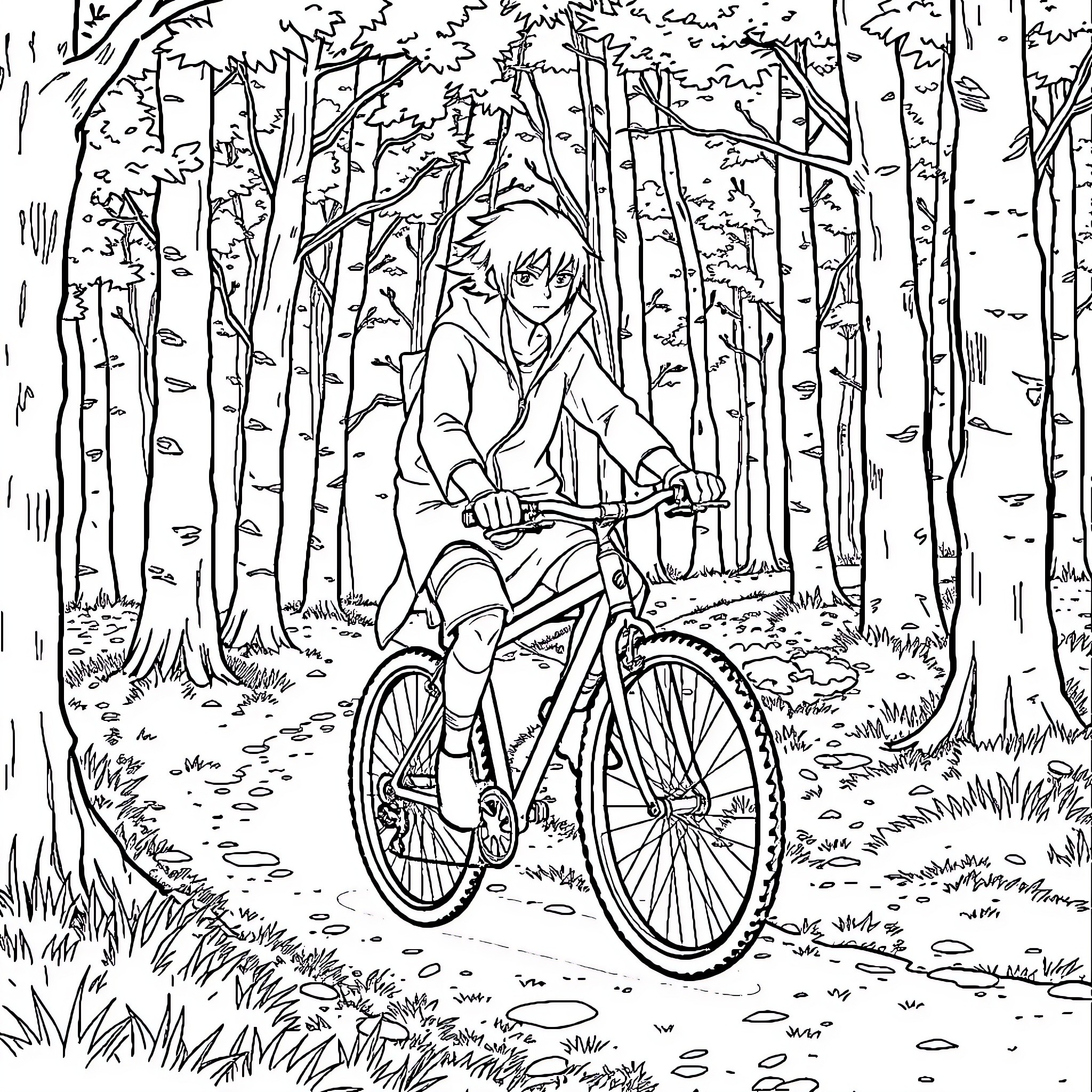 Itachi Uchiha riding a bicycle through a forest Coloring Page (free black-and-white line drawing printable PDF for all, from beginners to advanced learners, including children, teens, adults, and seniors)