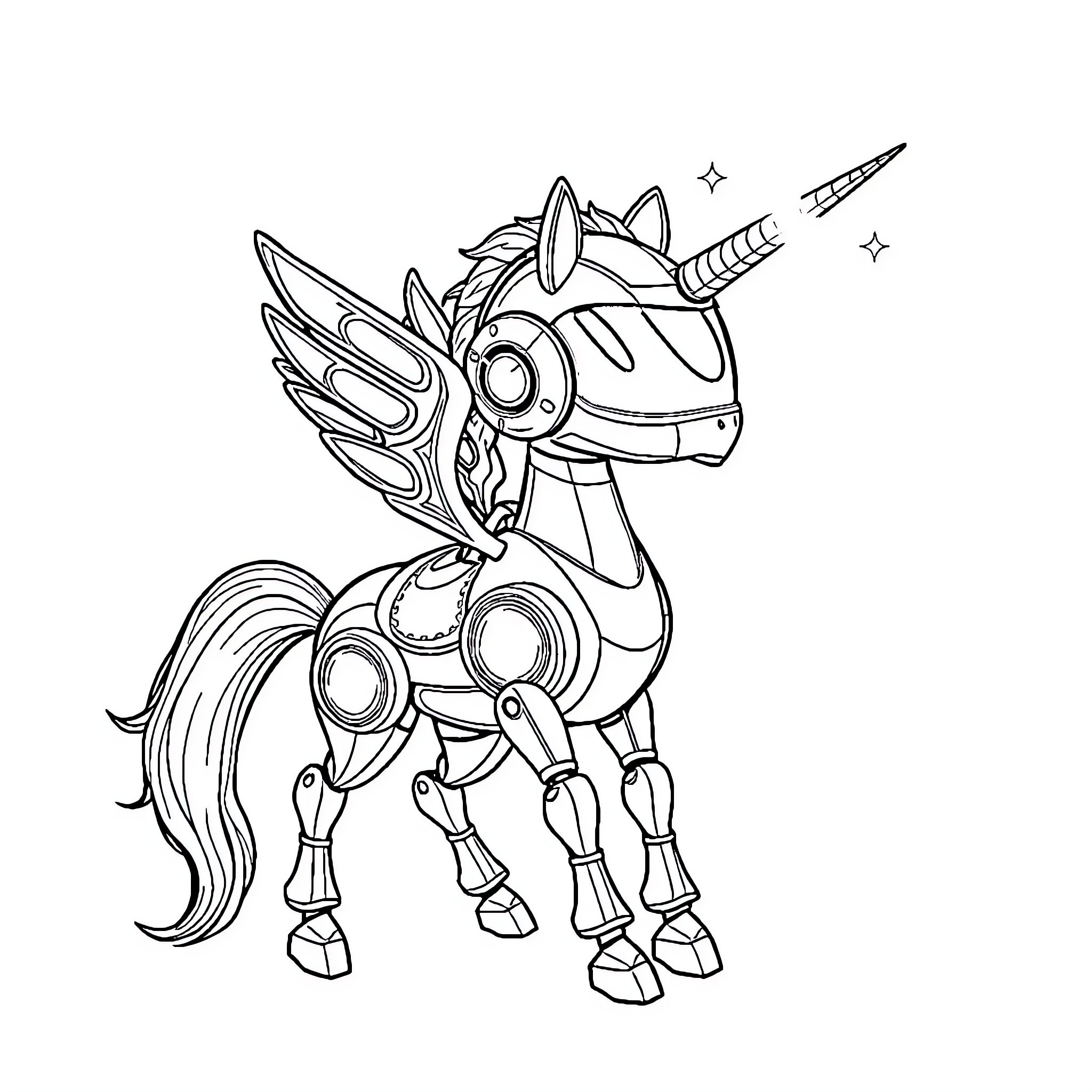 Robot Unicorn in Whimsical Mechanical Gear Coloring Page (free black-and-white line drawing printable PDF for all, from beginners to advanced learners, including children, teens, adults, and seniors)