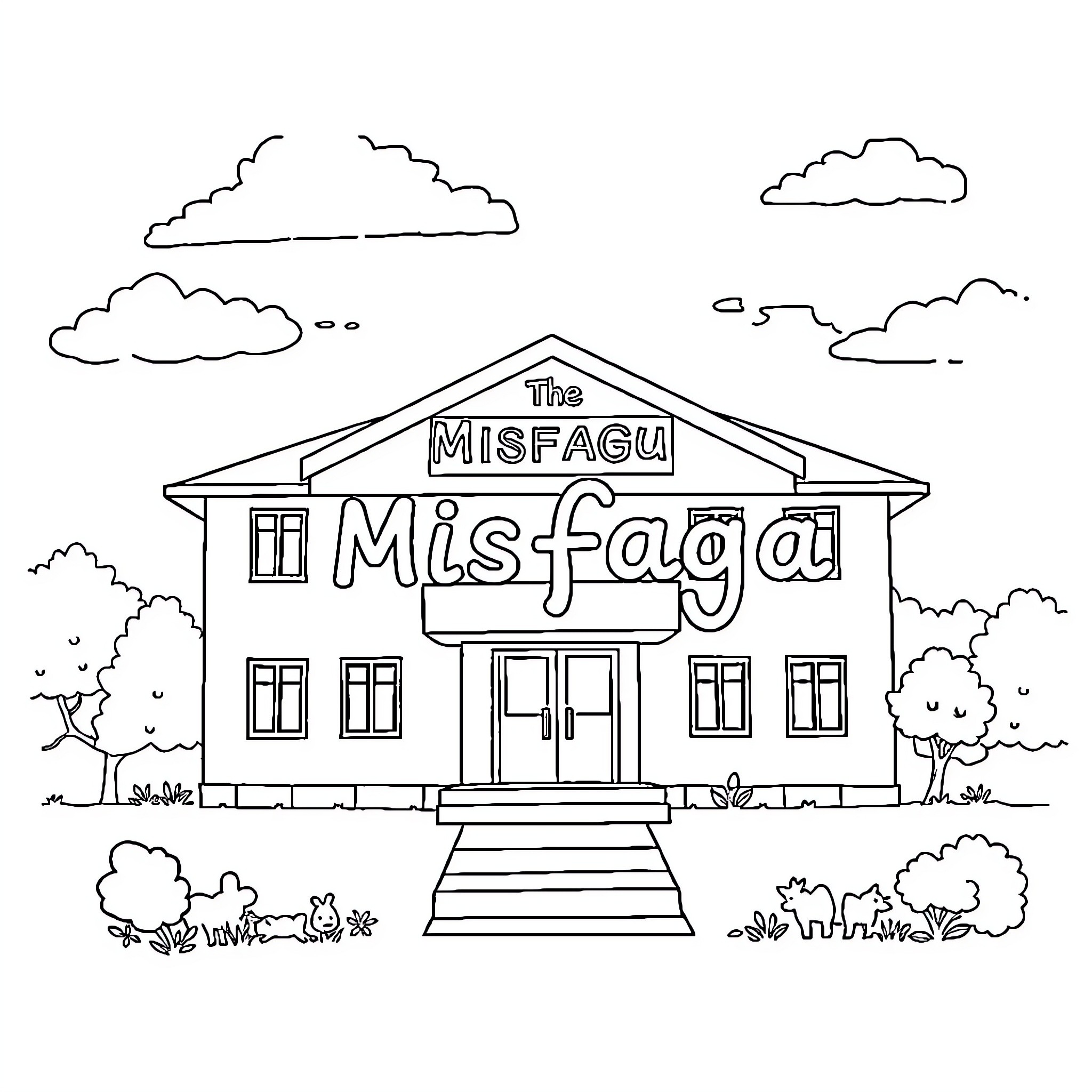 School Building with Playful Signage Coloring Page (free black-and-white line drawing printable PDF for all, from beginners to advanced learners, including children, teens, adults, and seniors)