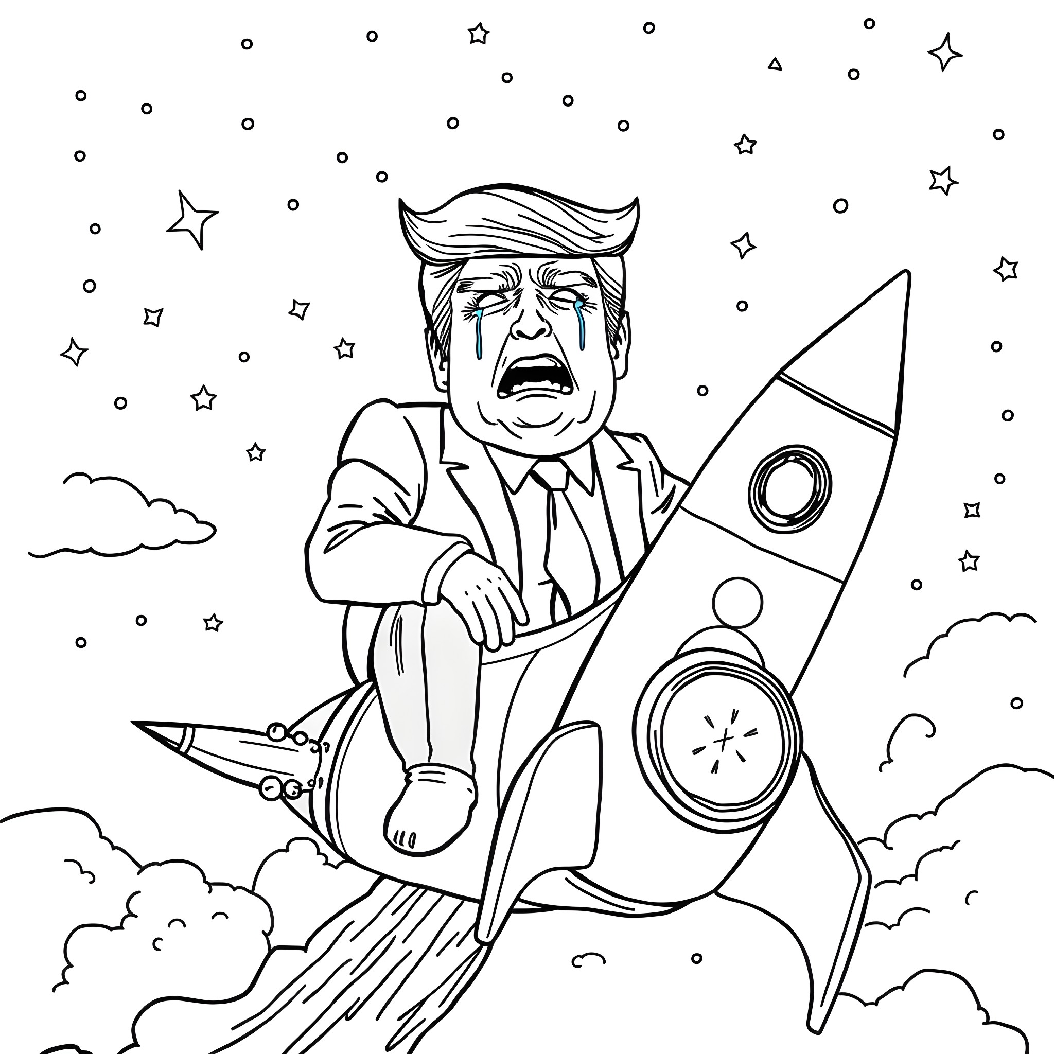 Trump launches himself into space on a rocket Coloring Page (free black-and-white line drawing printable PDF for all, from beginners to advanced learners, including children, teens, adults, and seniors)