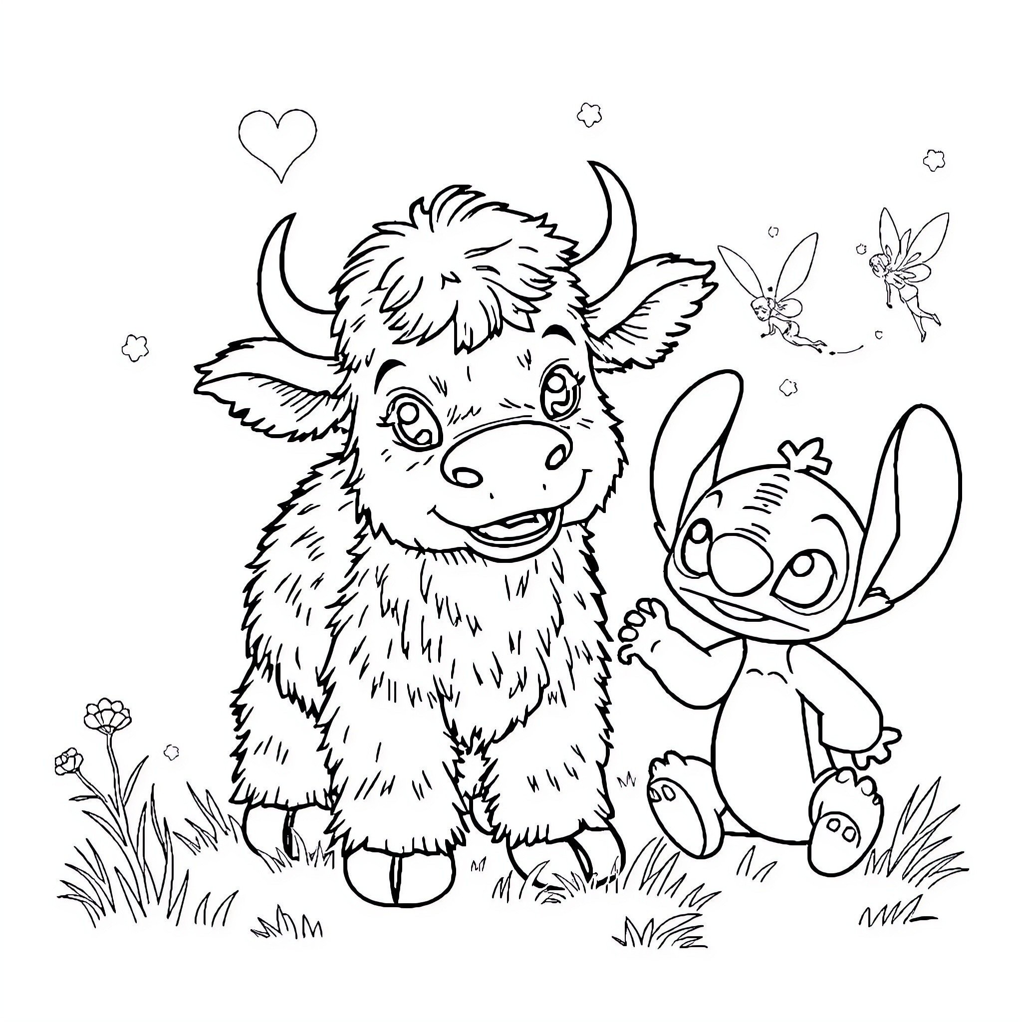 Highland Cow Befriends Fairy in Whimsical Forest Coloring Page (free black-and-white line drawing printable PDF for all, from beginners to advanced learners, including children, teens, adults, and seniors)
