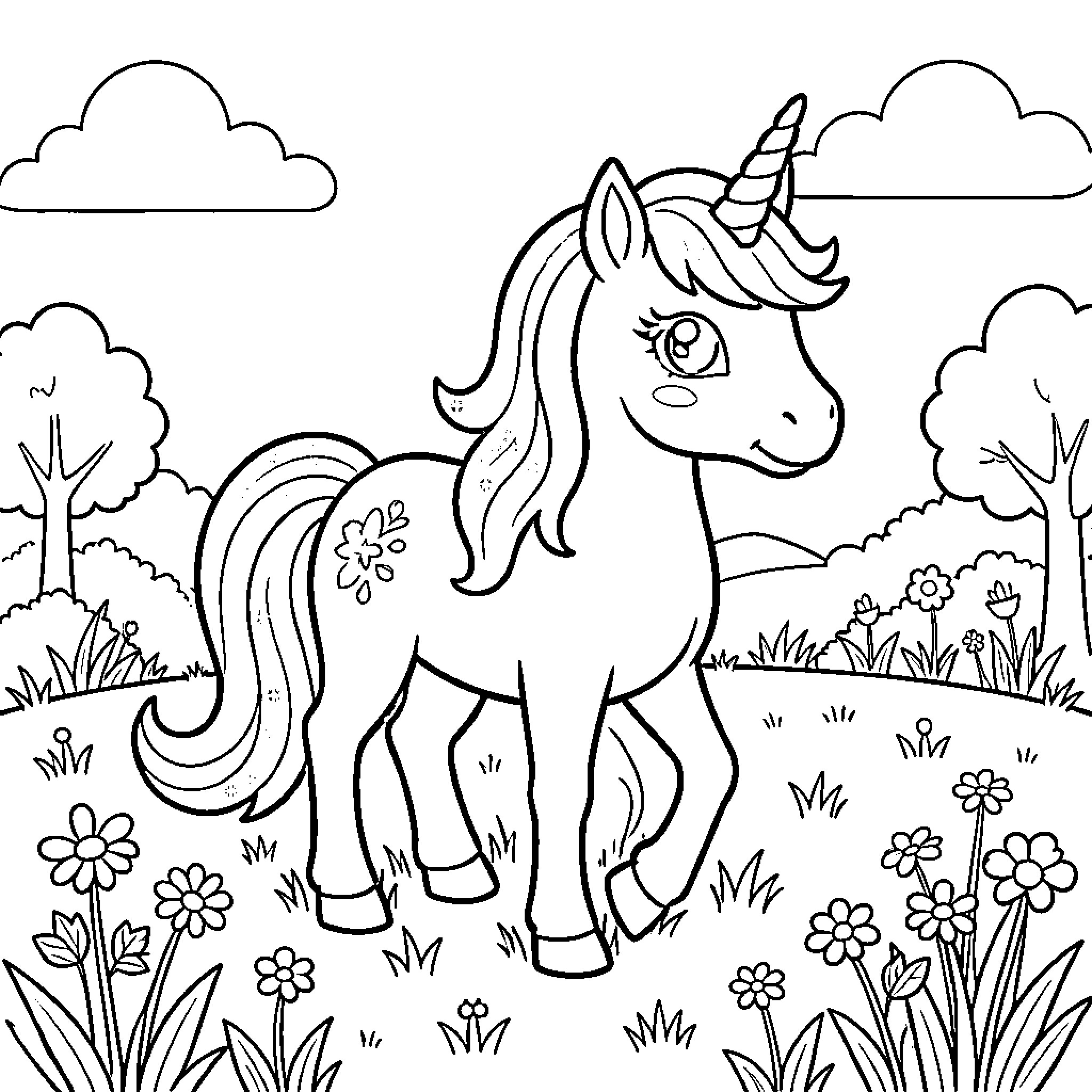Unicorn enjoying a peaceful meadow Coloring Page (free black-and-white line drawing printable PDF for all, from beginners to advanced learners, including children, teens, adults, and seniors)