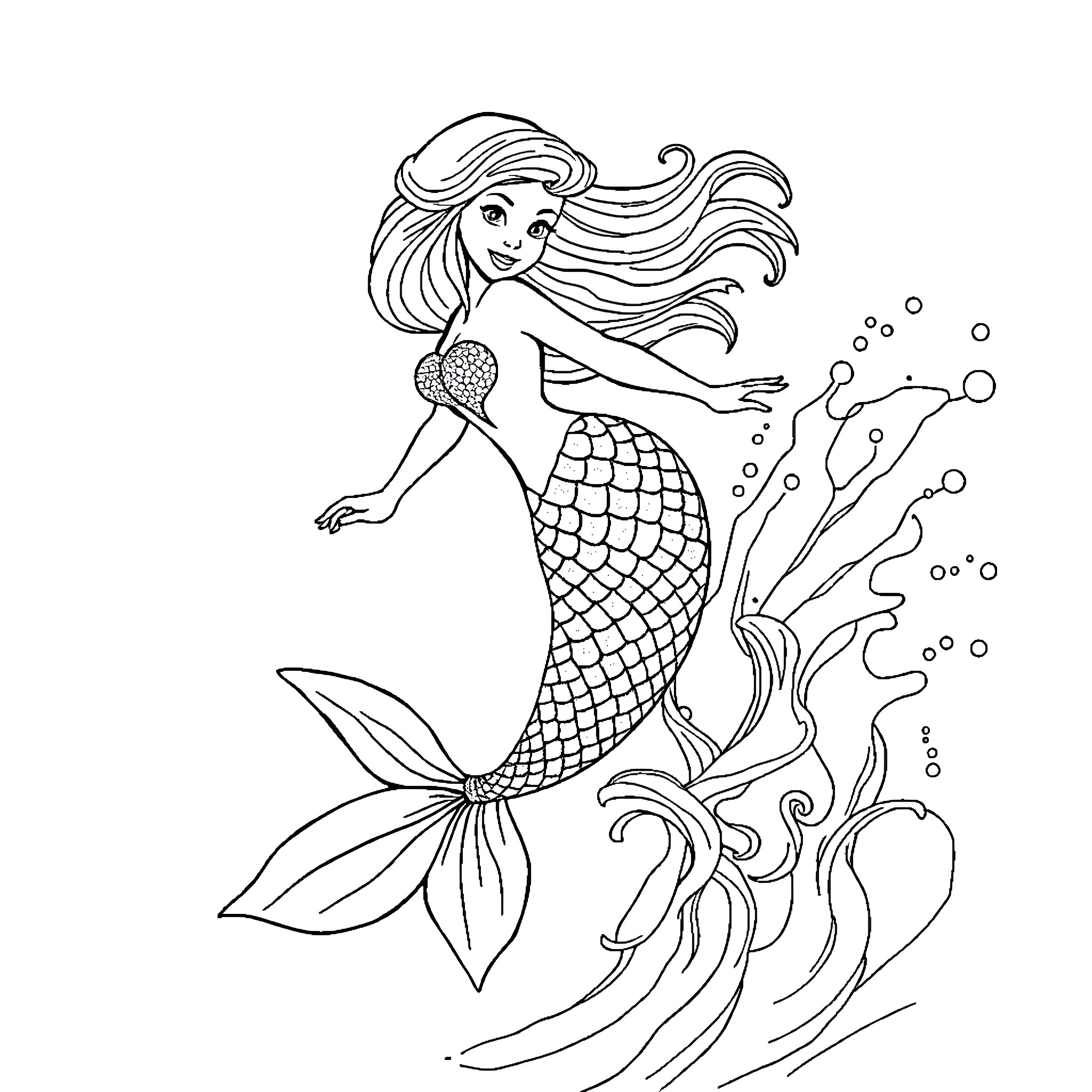 Mermaid Swimming Gracefully in the Ocean Coloring Page (free black-and-white line drawing printable PDF for all, from beginners to advanced learners, including children, teens, adults, and seniors)