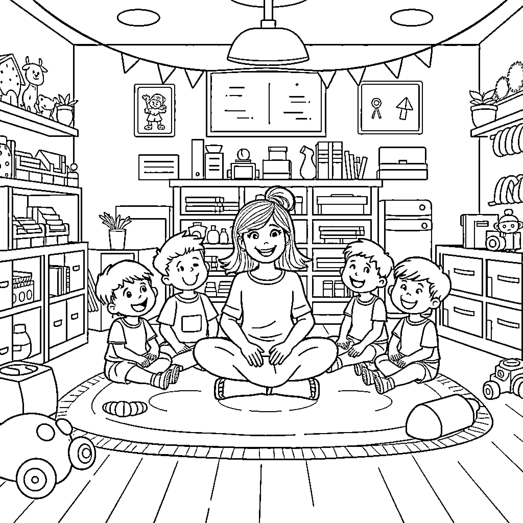 Classroom with Students Engaged in Learning Coloring Page (free black-and-white line drawing printable PDF for all, from beginners to advanced learners, including children, teens, adults, and seniors)