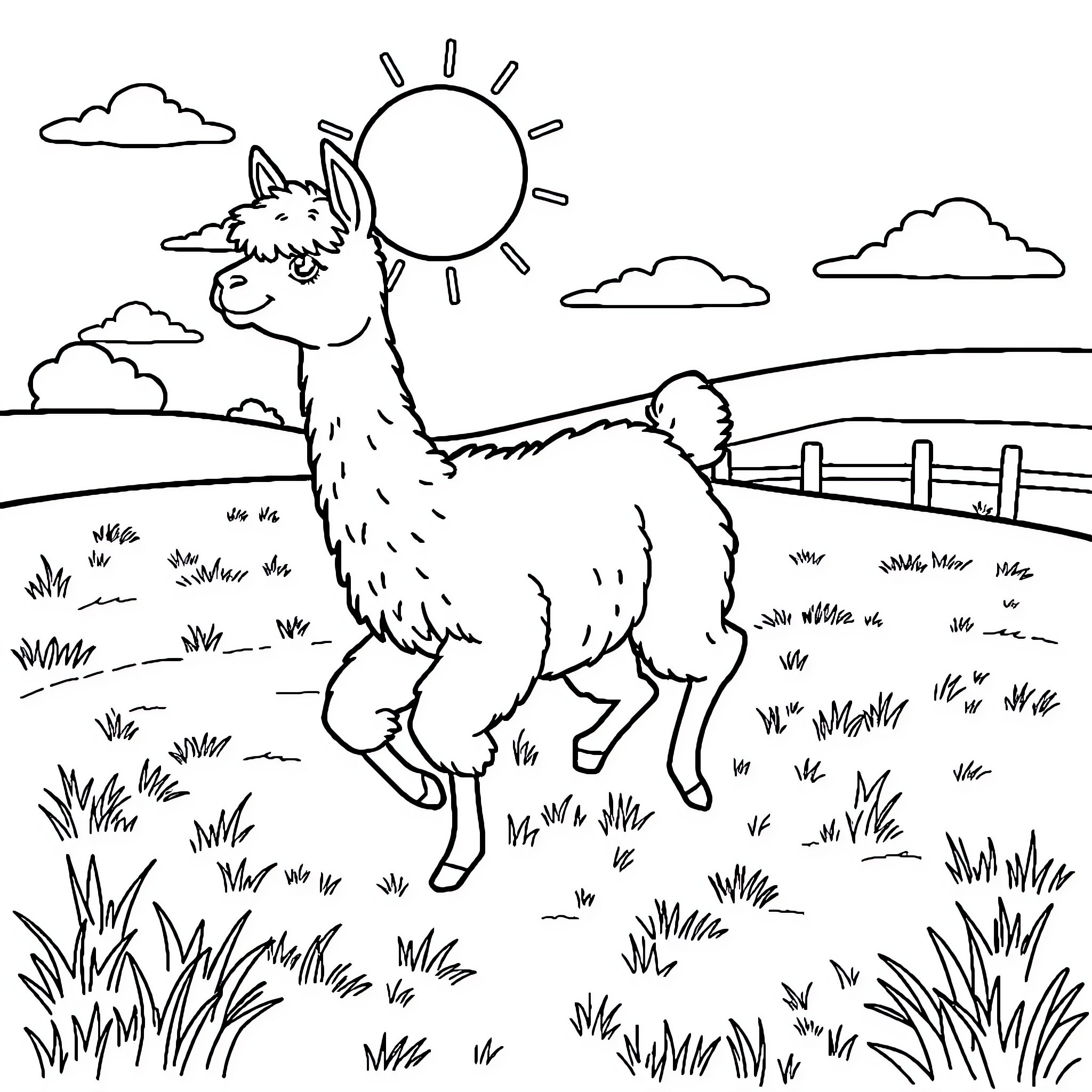 Alpaca enjoying a sunny day in the countryside Coloring Page (free black-and-white line drawing printable PDF for all, from beginners to advanced learners, including children, teens, adults, and seniors)