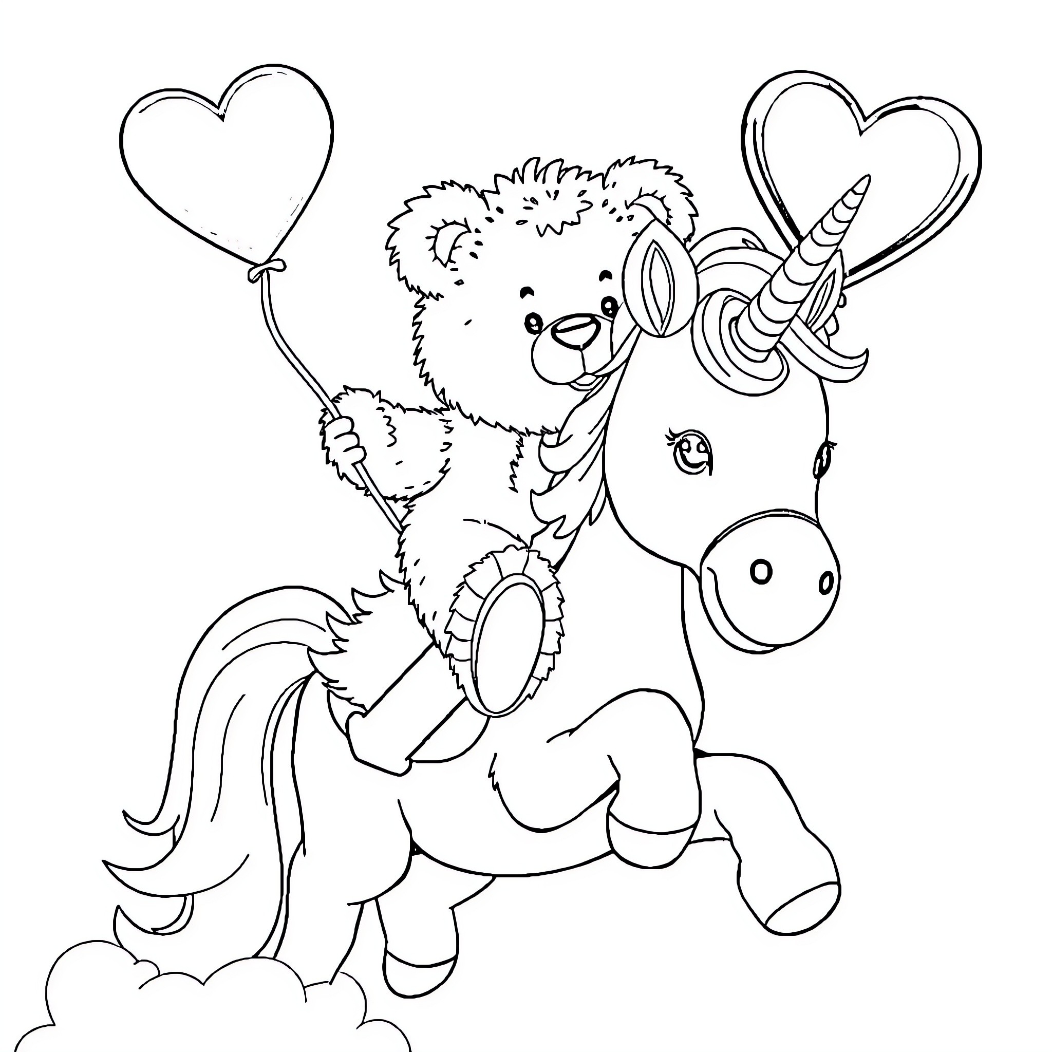 Teddy Bear riding a Unicorn with Heart Balloons Coloring Page (free black-and-white line drawing printable PDF for all, from beginners to advanced learners, including children, teens, adults, and seniors)
