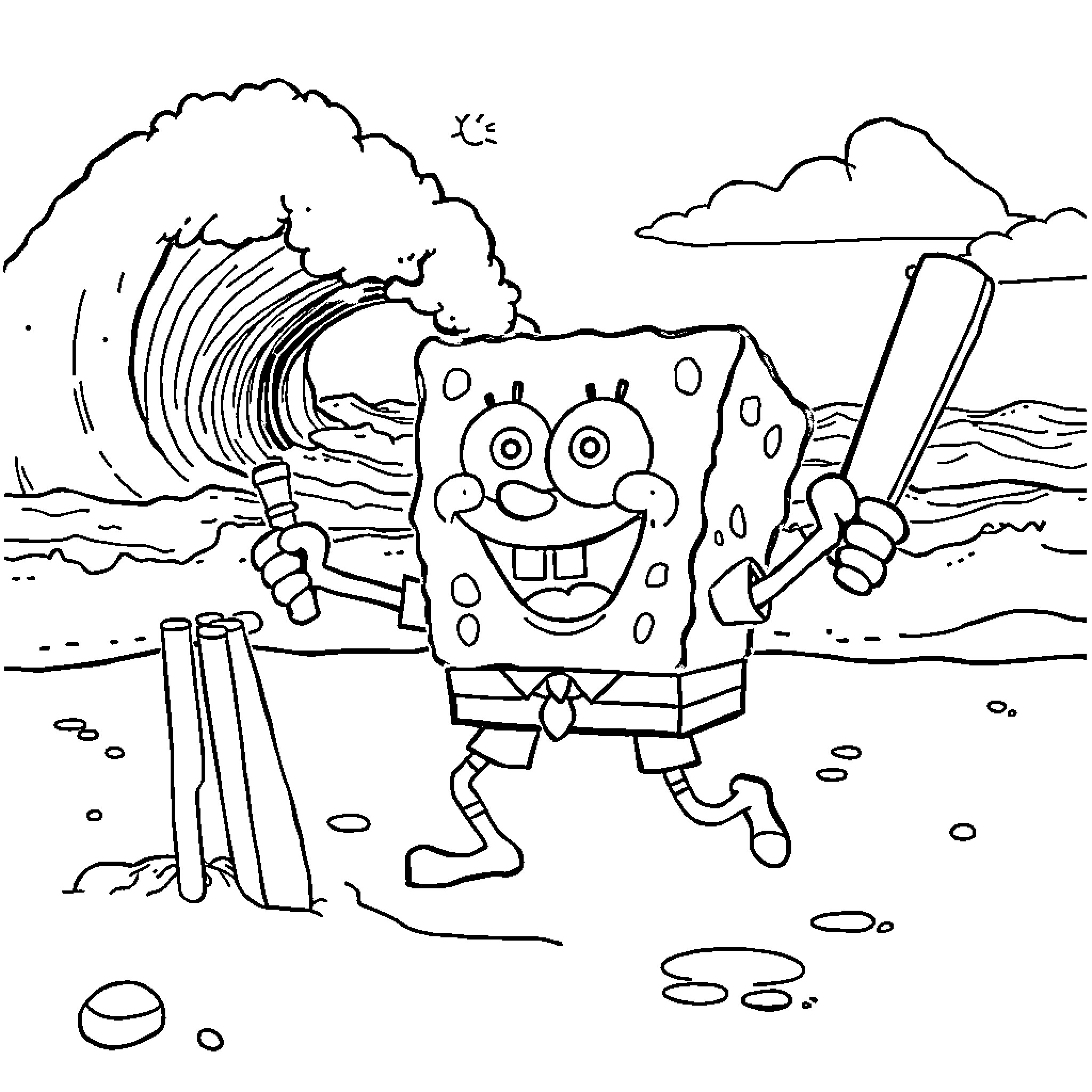 Sponge Bob playing cricket on the beach Coloring Page (free black-and-white line drawing printable PDF for all, from beginners to advanced learners, including children, teens, adults, and seniors)
