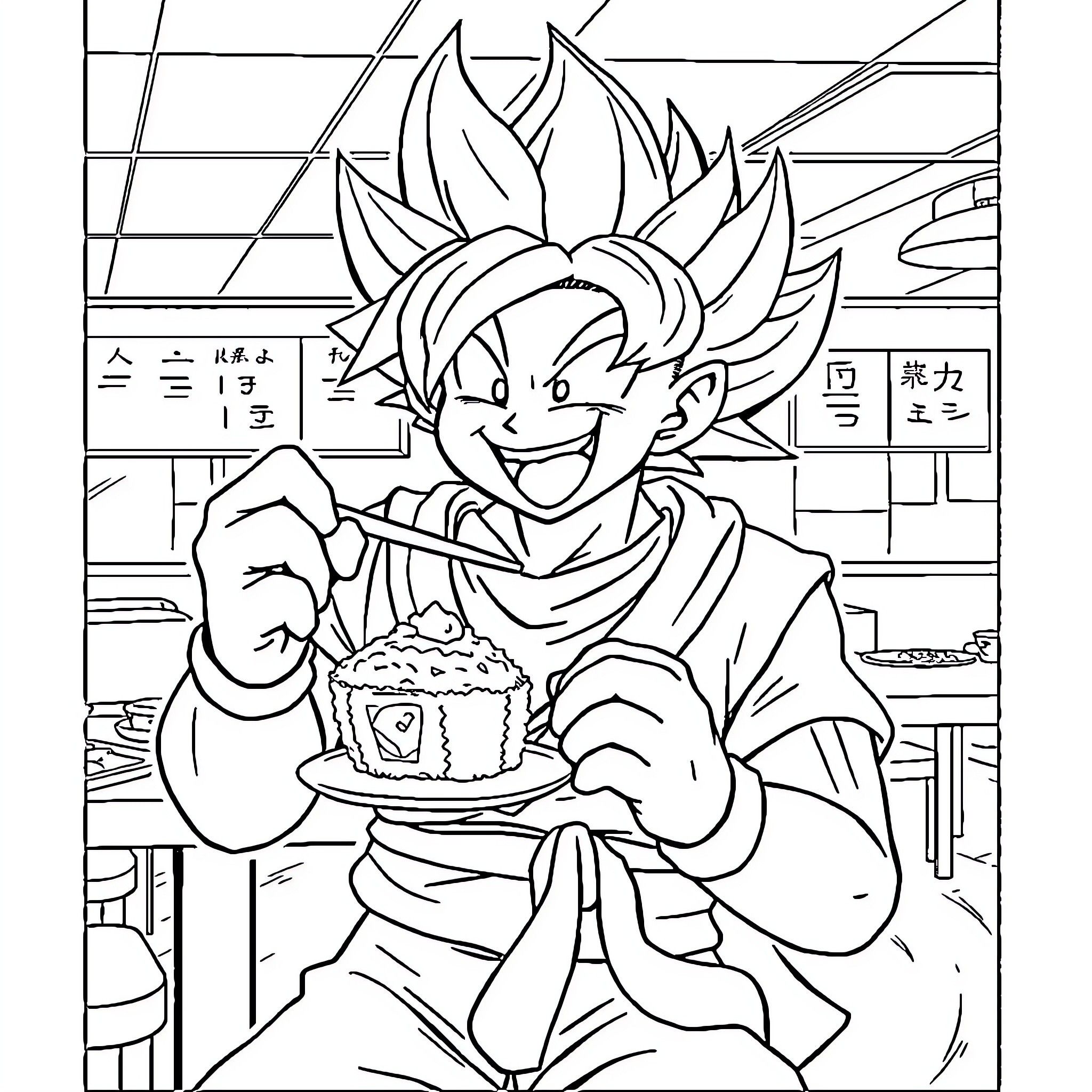 Dragon Ball Character Enjoying Dessert in Cafe Coloring Page (free black-and-white line drawing printable PDF for all, from beginners to advanced learners, including children, teens, adults, and seniors)