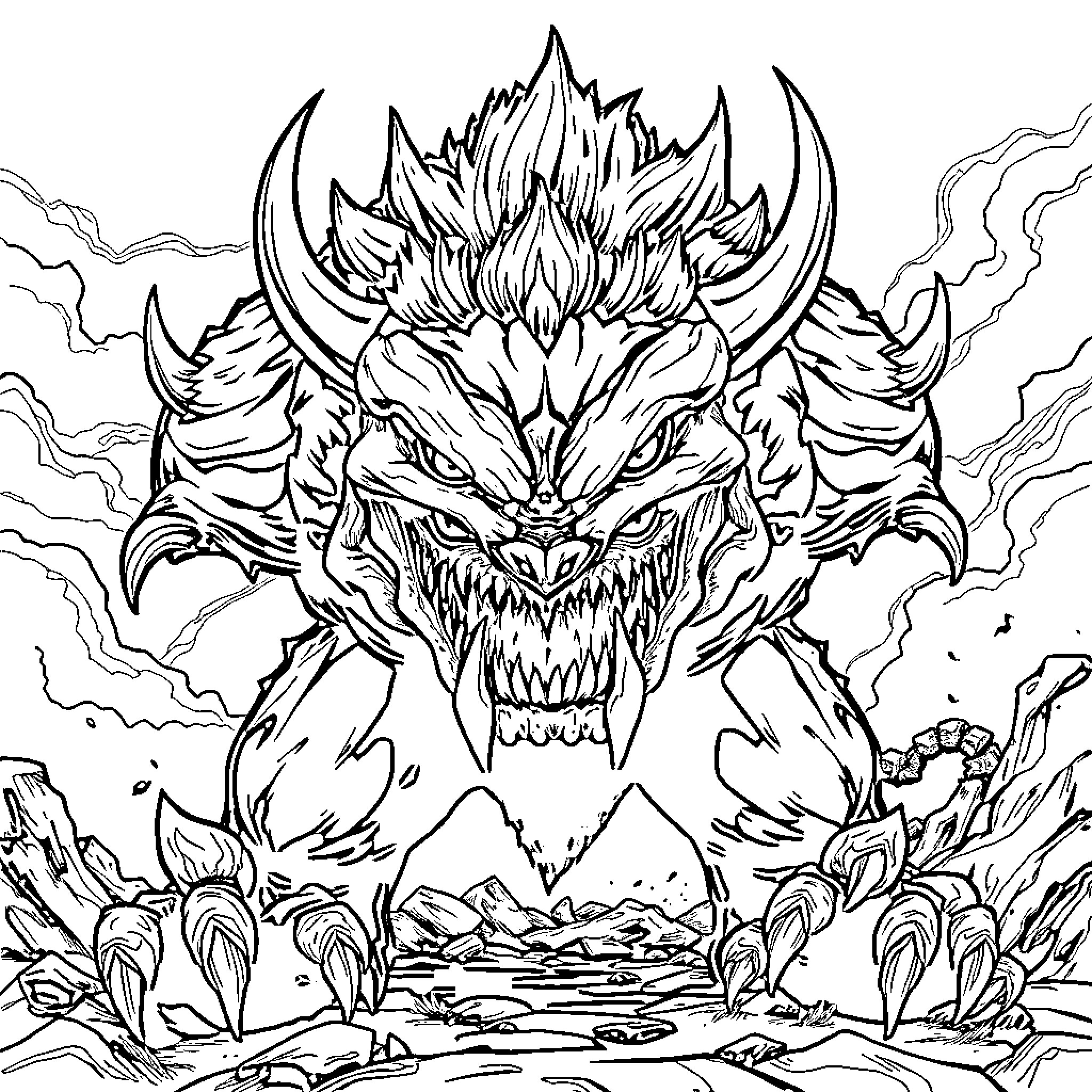 Monster emerging from a fiery mountain landscape Coloring Page (free black-and-white line drawing printable PDF for all, from beginners to advanced learners, including children, teens, adults, and seniors)