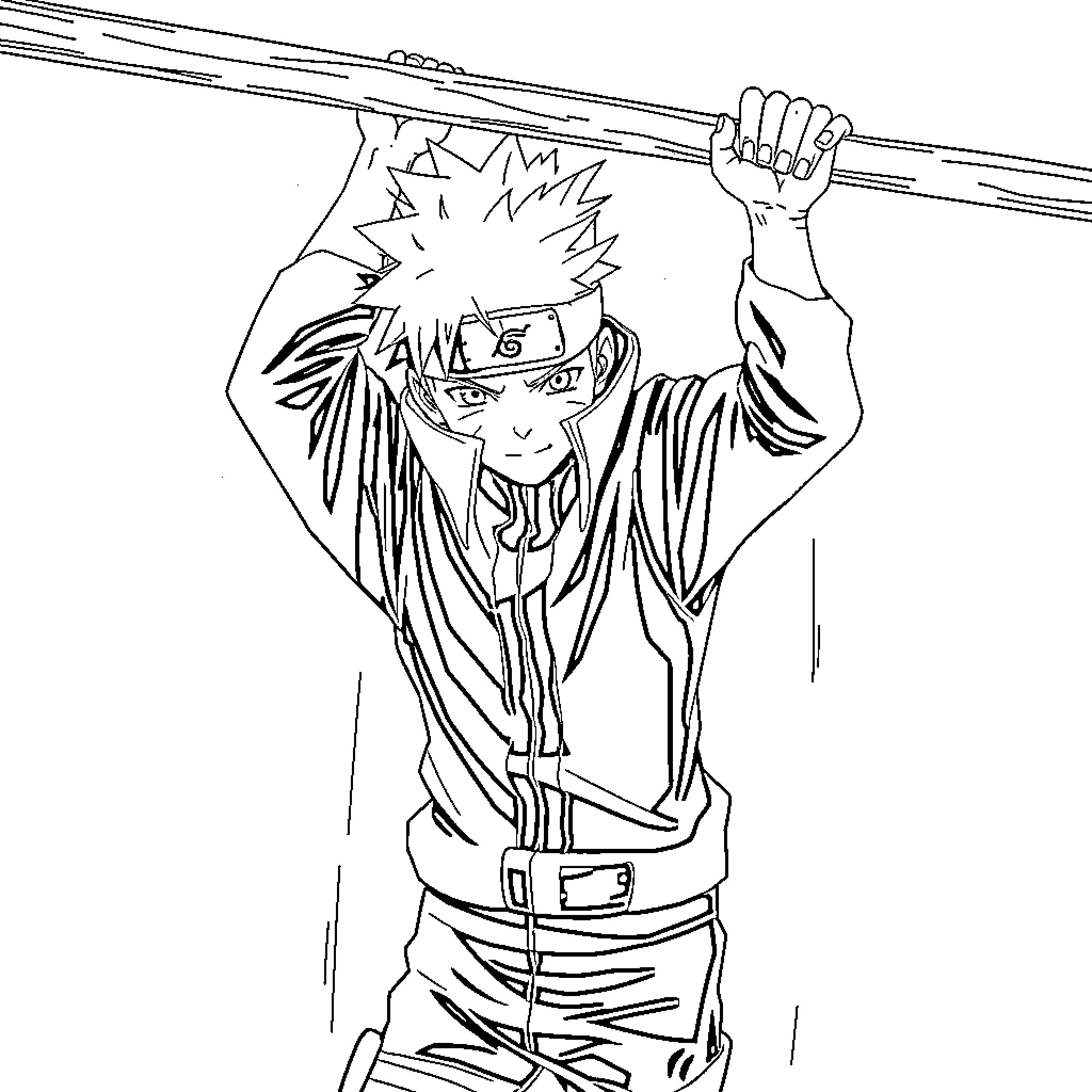 Naruto in action with ninja weapons Coloring Page (free black-and-white line drawing printable PDF for all, from beginners to advanced learners, including children, teens, adults, and seniors)