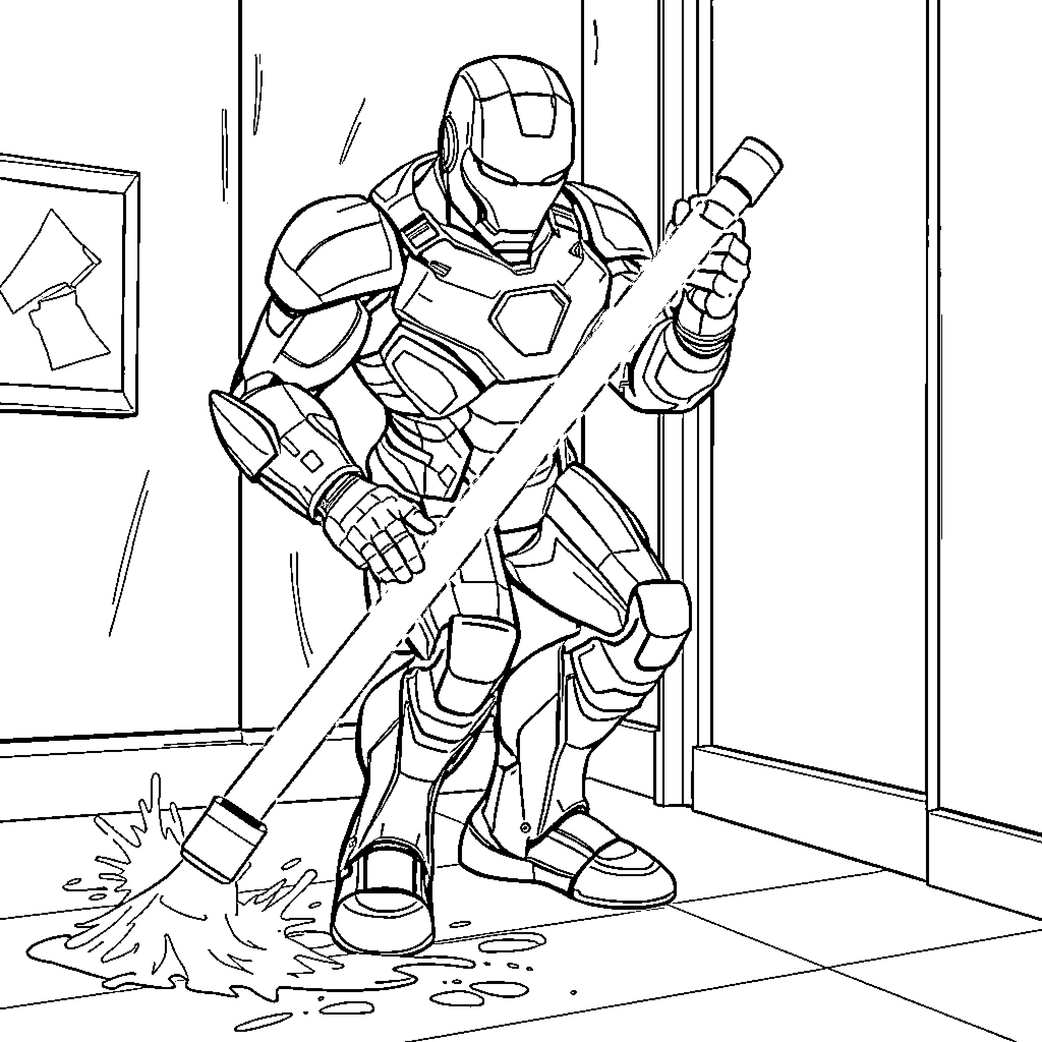 Iron Man Battling Threats in Intense Scenario Coloring Page (free black-and-white line drawing printable PDF for all, from beginners to advanced learners, including children, teens, adults, and seniors)