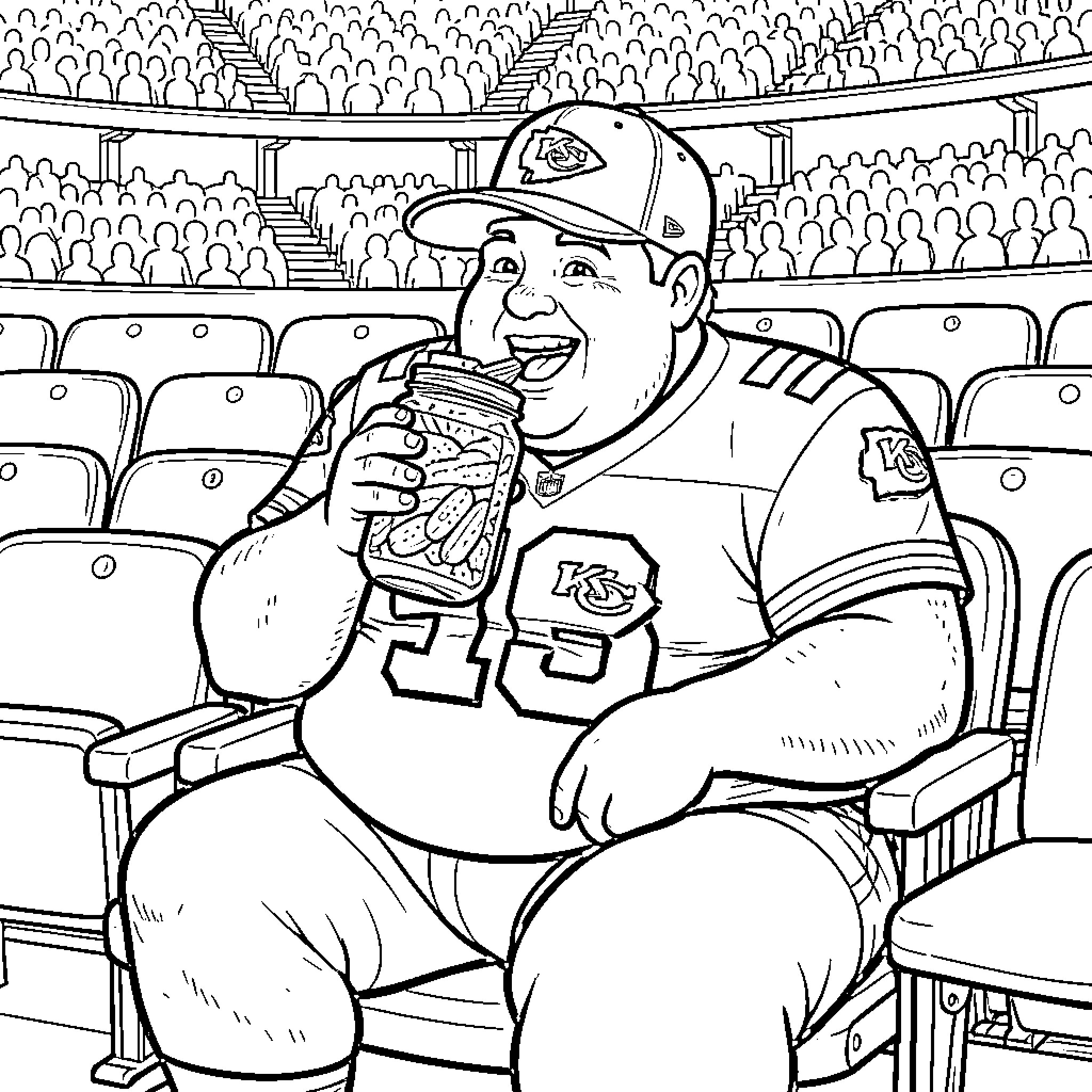Kansas City Chiefs Fan enjoying a snack at a stadium Coloring Page (free black-and-white line drawing printable PDF for all, from beginners to advanced learners, including children, teens, adults, and seniors)