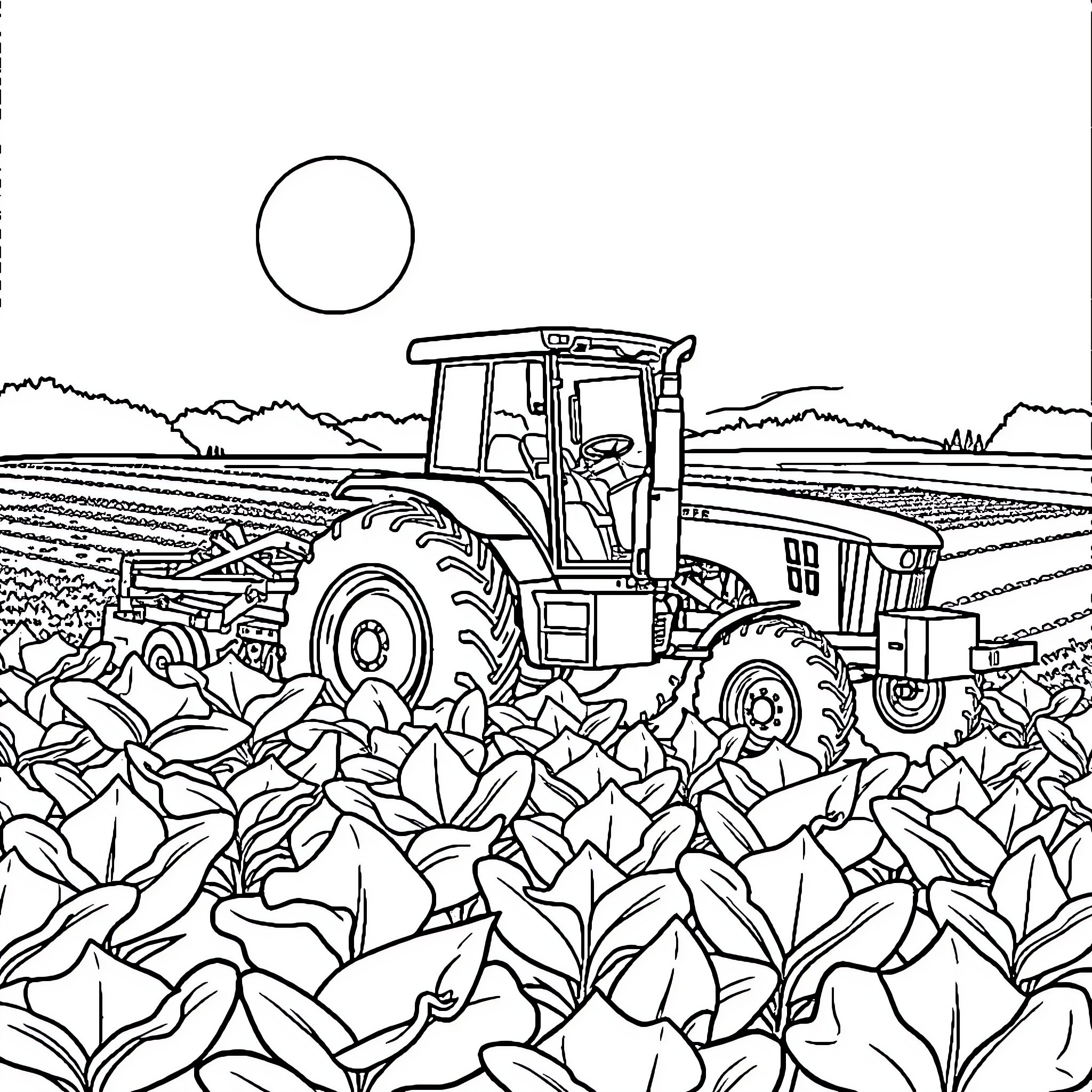 Tractor plowing through a field of crops Coloring Page (free black-and-white line drawing printable PDF for all, from beginners to advanced learners, including children, teens, adults, and seniors)