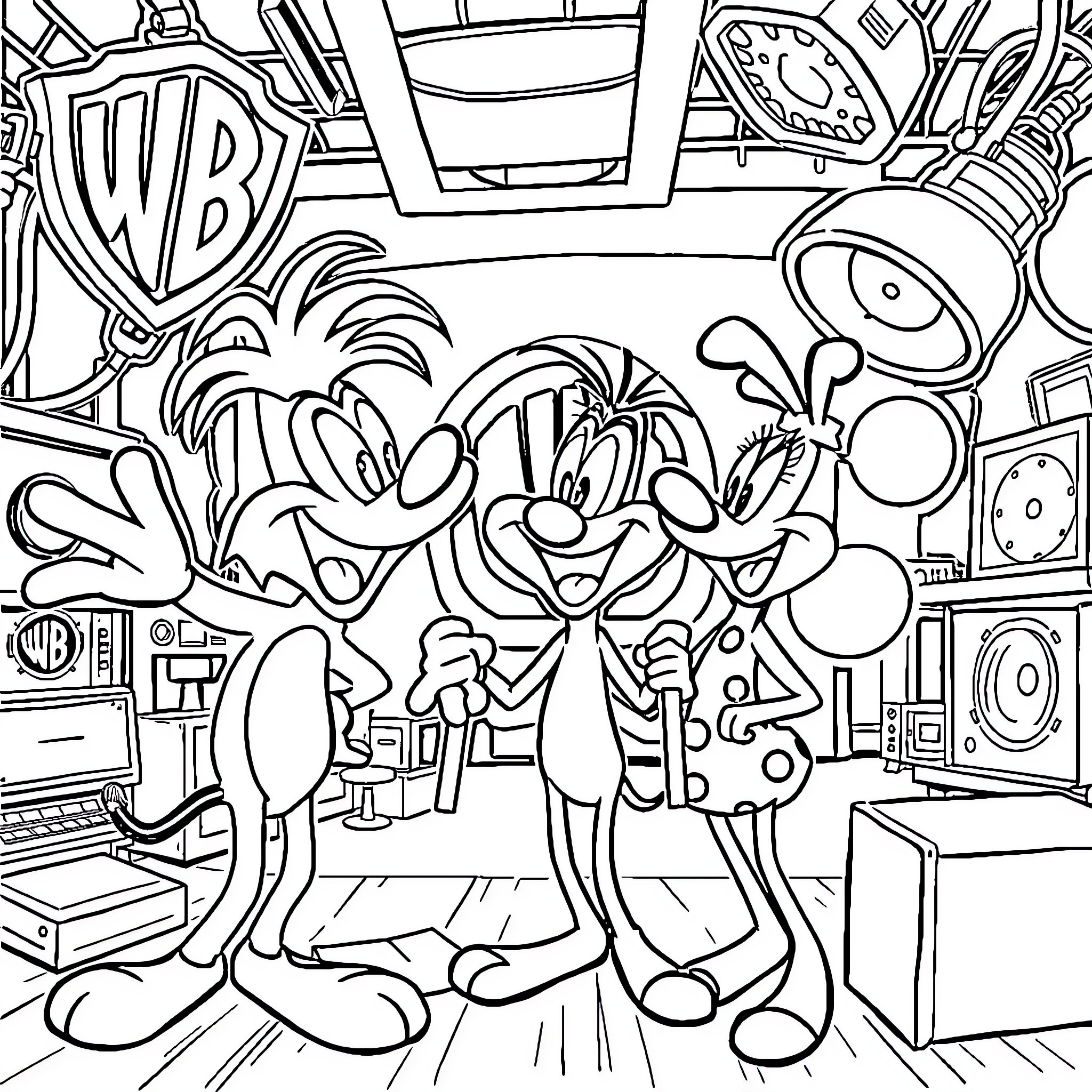 Animaniacs Trio's Wacky Music Studio Adventure Coloring Page (free black-and-white line drawing printable PDF for all, from beginners to advanced learners, including children, teens, adults, and seniors)