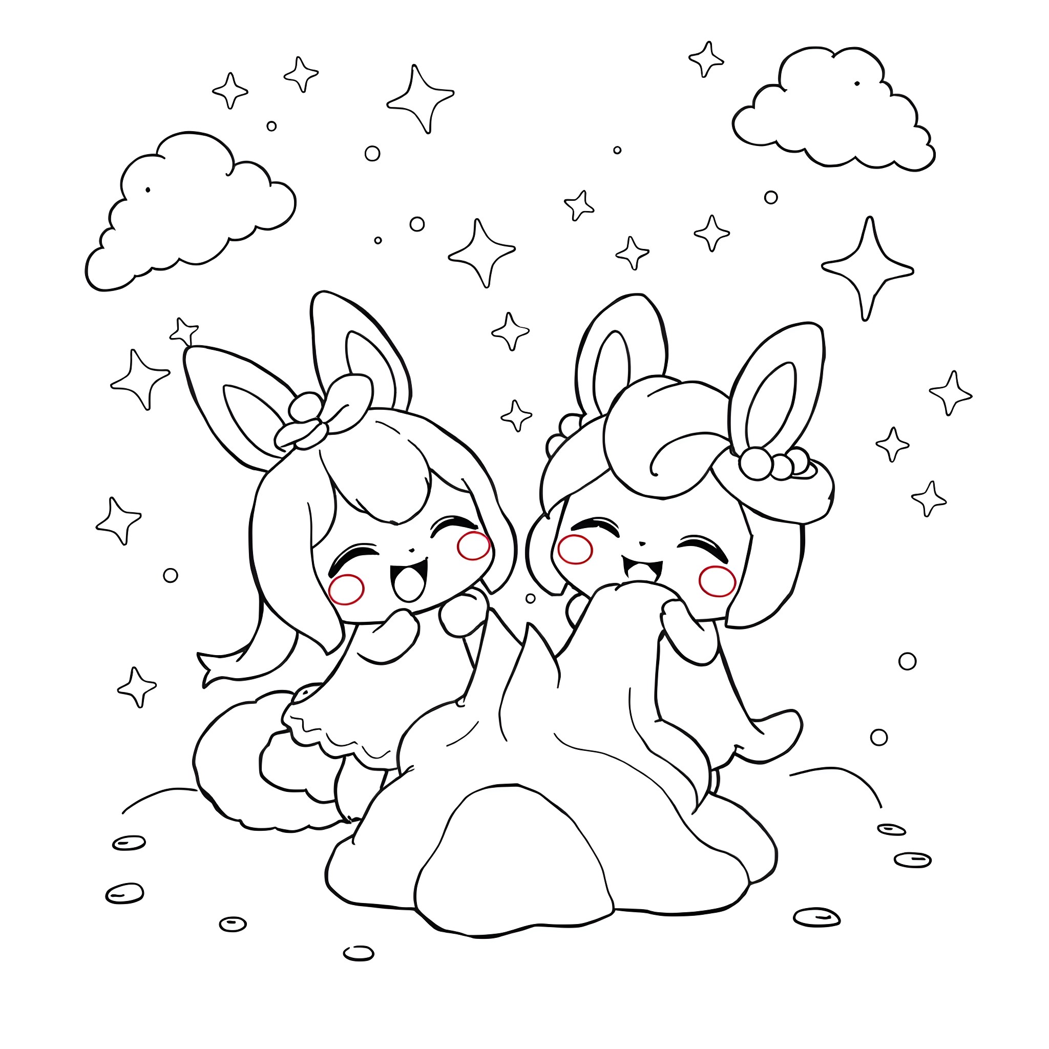 Kuromi enjoying a starry night with a friend Coloring Page (free black-and-white line drawing printable PDF for all, from beginners to advanced learners, including children, teens, adults, and seniors)