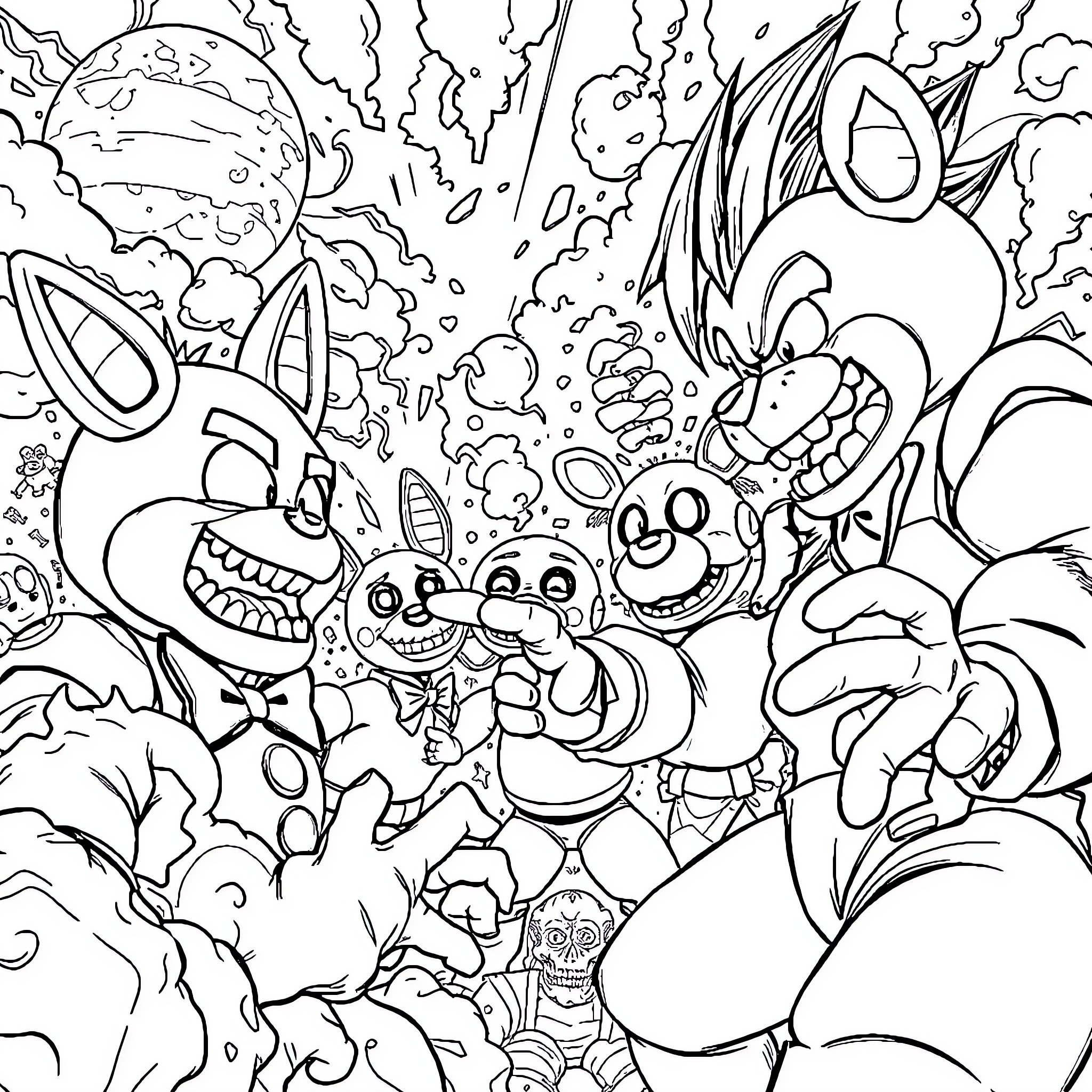 Dragon-like characters in a chaotic, fantastical scene Coloring Page (free black-and-white line drawing printable PDF for all, from beginners to advanced learners, including children, teens, adults, and seniors)