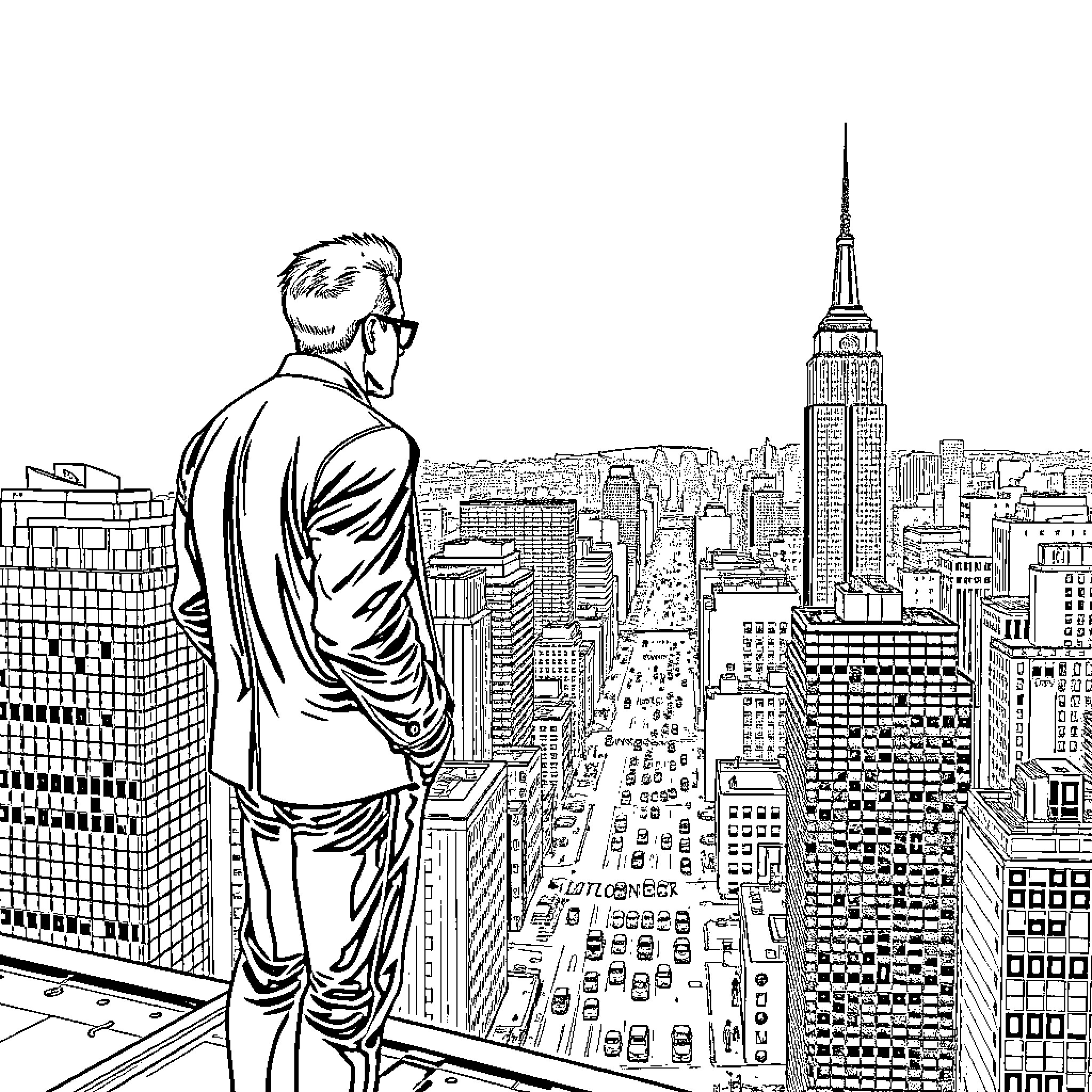 Albert Wesker observing the bustling cityscape Coloring Page (free black-and-white line drawing printable PDF for all, from beginners to advanced learners, including children, teens, adults, and seniors)