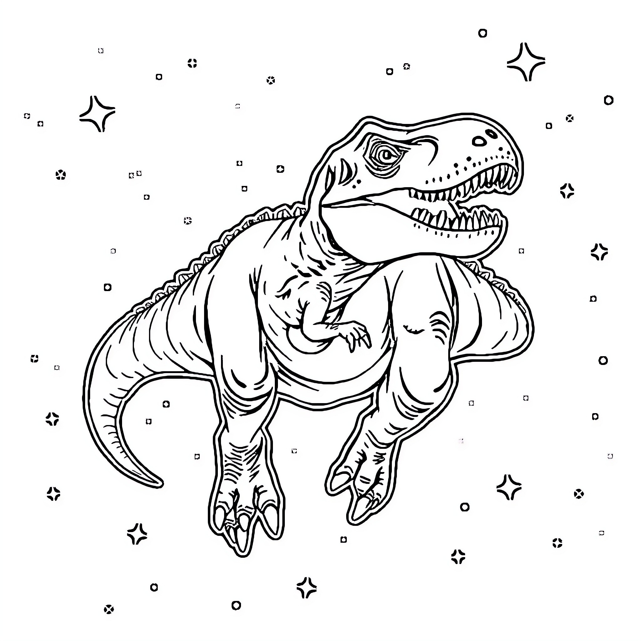 T-Rex exploring in the starry night Coloring Page (free black-and-white line drawing printable PDF for all, from beginners to advanced learners, including children, teens, adults, and seniors)