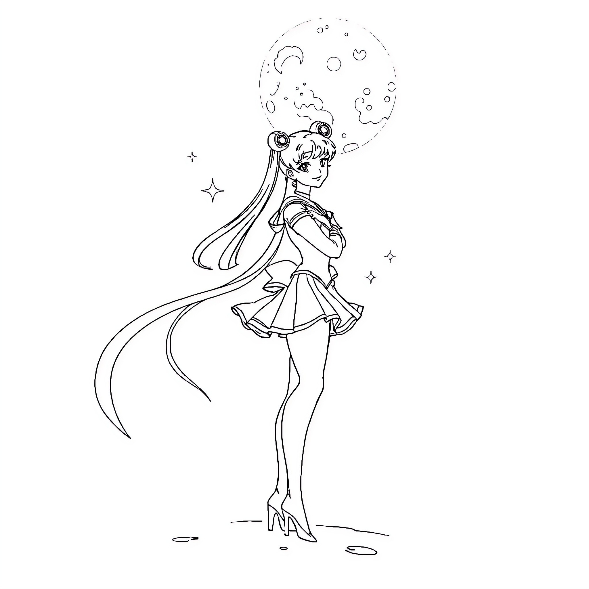 Sailormoon Posing with Magical Crescent Moon Coloring Page (free black-and-white line drawing printable PDF for all, from beginners to advanced learners, including children, teens, adults, and seniors)