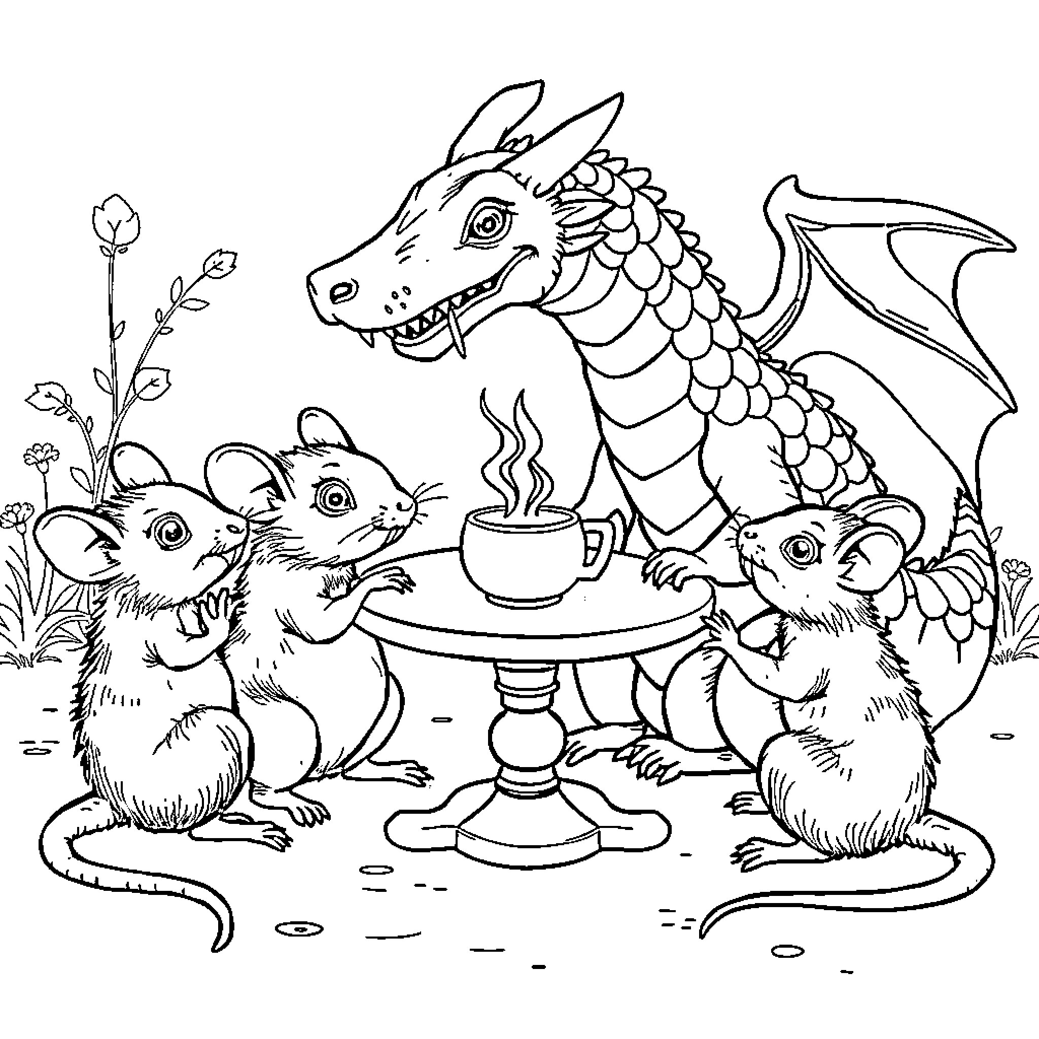 Rat dragon and mice having tea party in nature Coloring Page (free black-and-white line drawing printable PDF for all, from beginners to advanced learners, including children, teens, adults, and seniors)