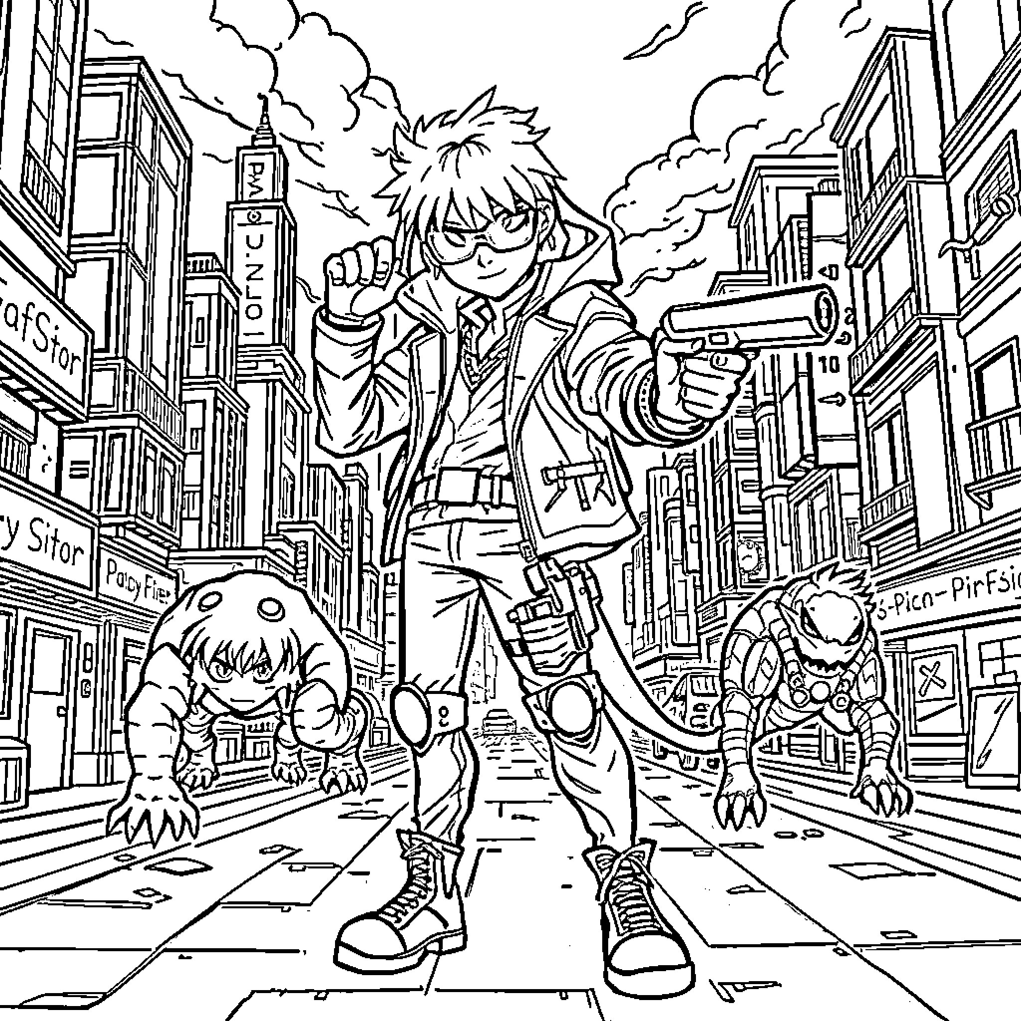 Monster Hunter Protagonist Battles in Urban Cityscape Coloring Page (free black-and-white line drawing printable PDF for all, from beginners to advanced learners, including children, teens, adults, and seniors)