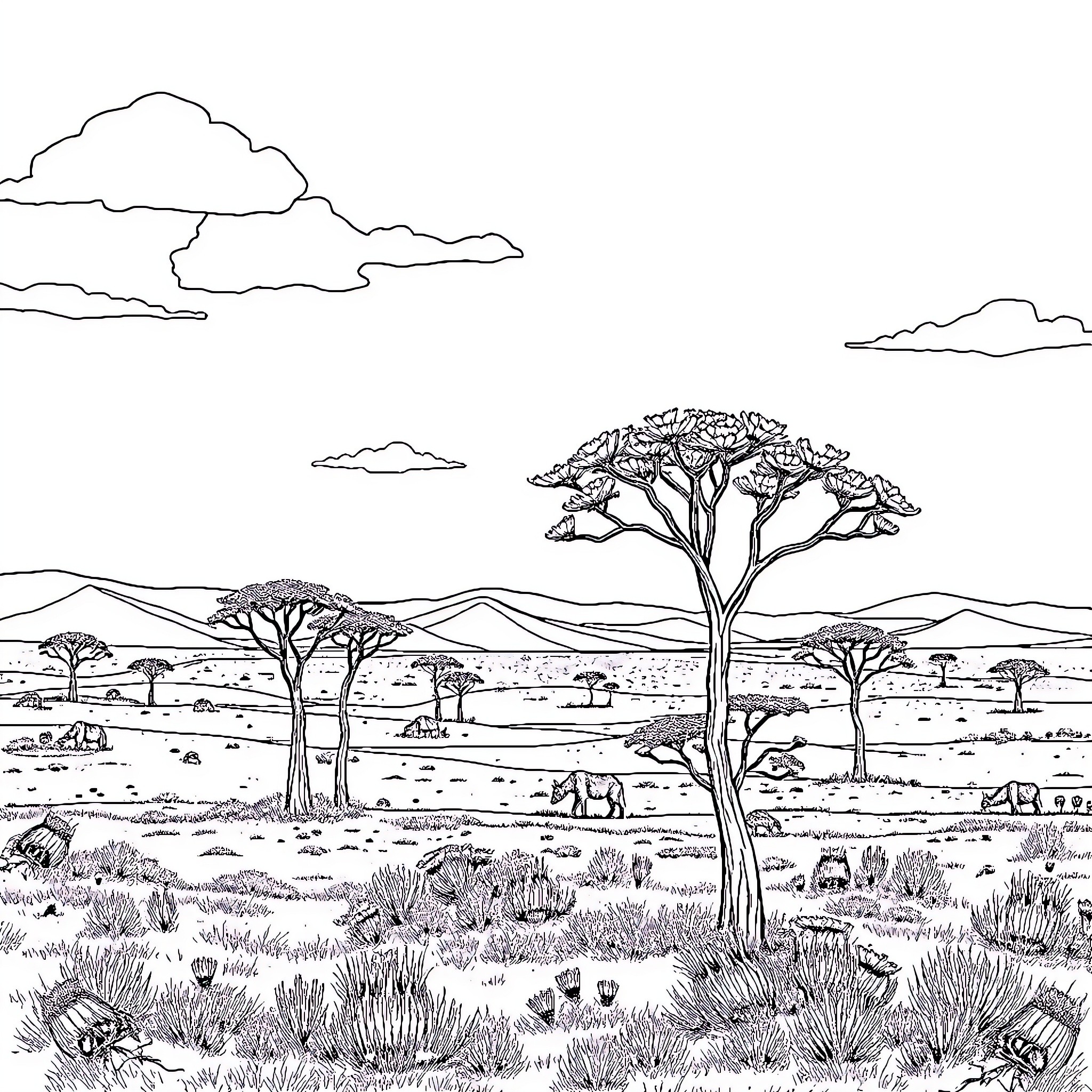 Africa's Majestic Landscape: Acacia Trees and Wildlife Coloring Page (free black-and-white line drawing printable PDF for all, from beginners to advanced learners, including children, teens, adults, and seniors)