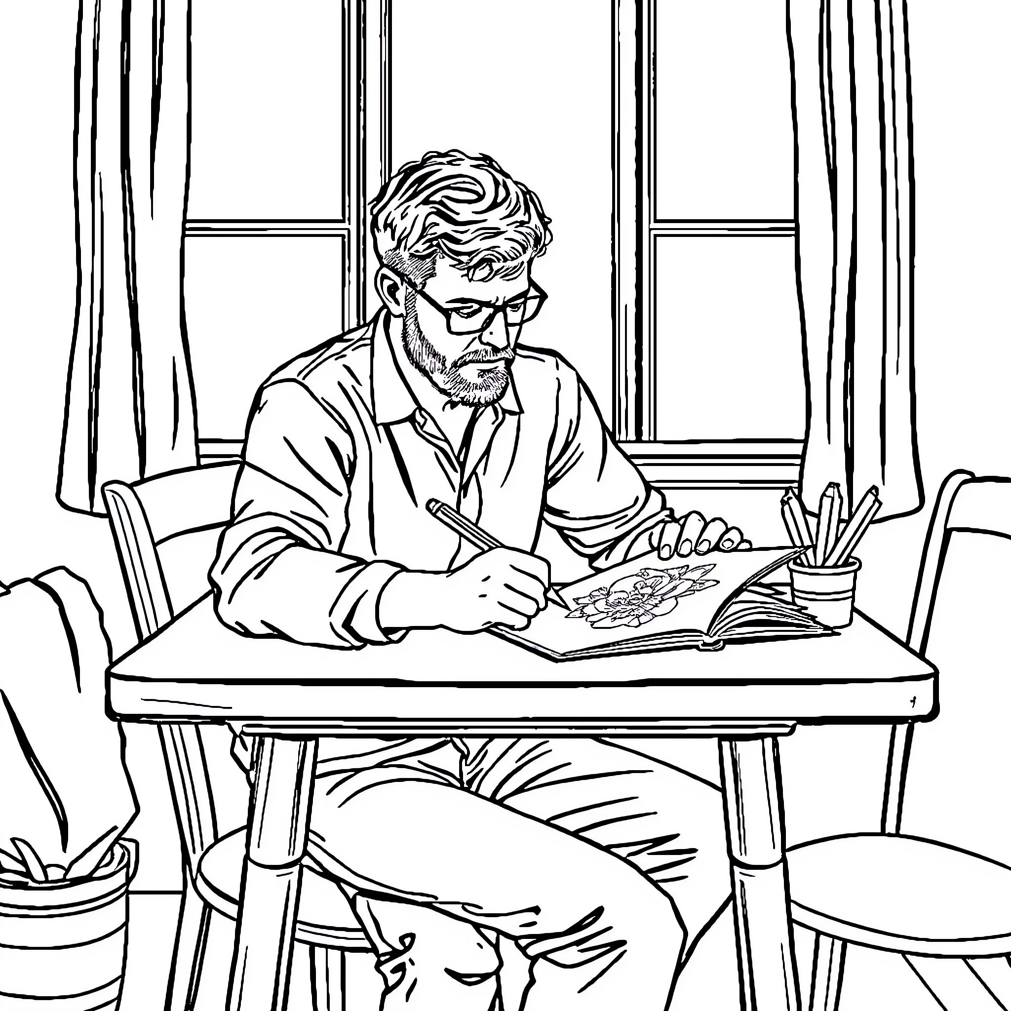 Man intently reading a book at his desk Coloring Page (free black-and-white line drawing printable PDF for all, from beginners to advanced learners, including children, teens, adults, and seniors)