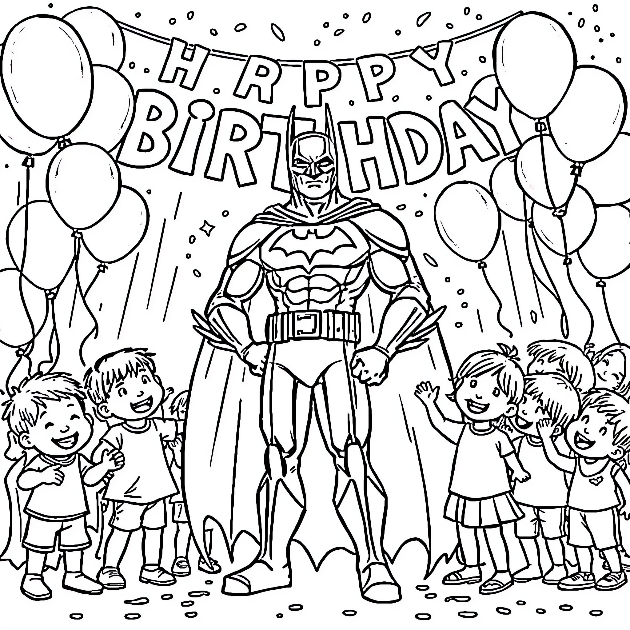 Batman's Heroic Birthday Celebration Coloring Page (free black-and-white line drawing printable PDF for all, from beginners to advanced learners, including children, teens, adults, and seniors)
