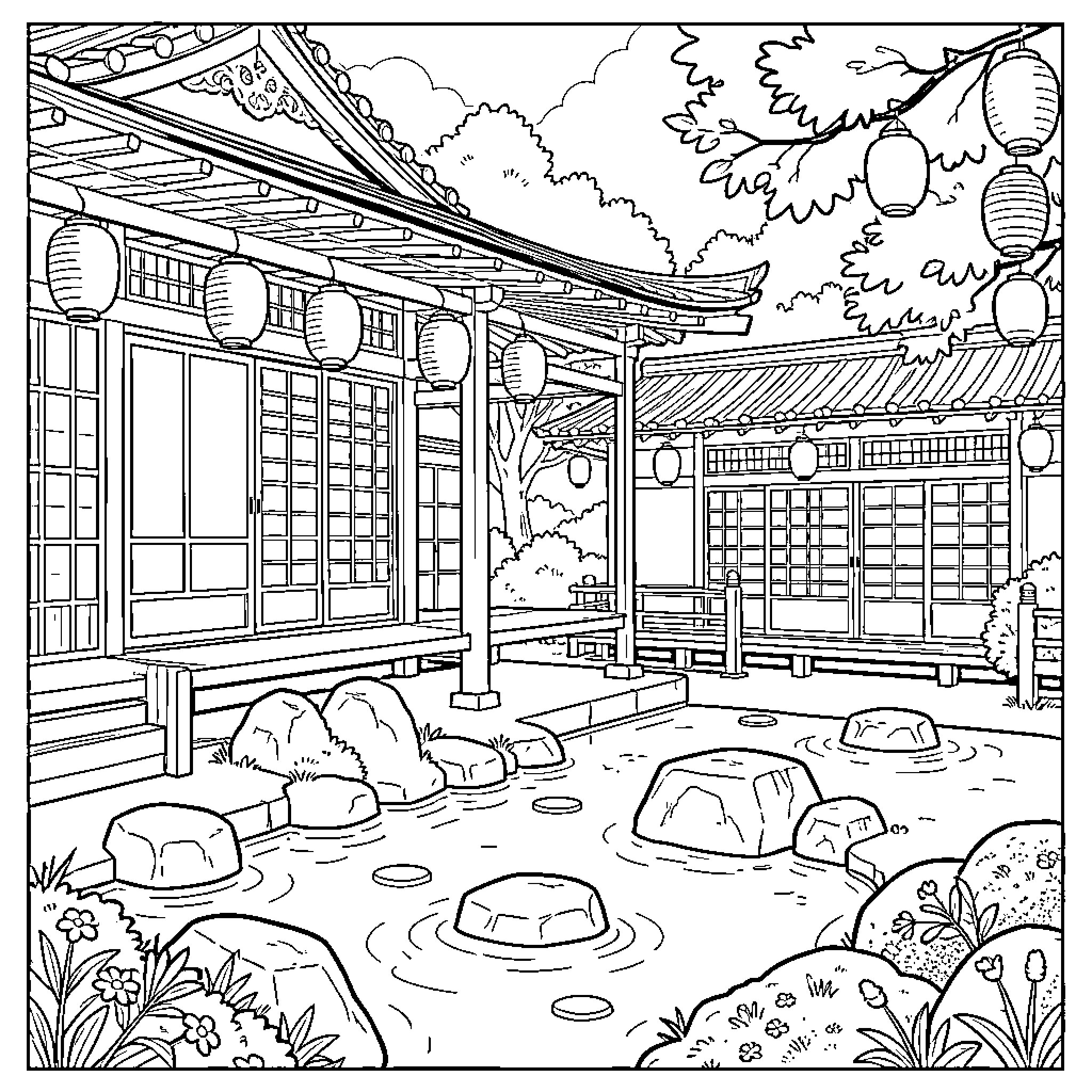 Japanese Aesthetic tranquil traditional courtyard with stone pond Coloring Page (free black-and-white line drawing printable PDF for all, from beginners to advanced learners, including children, teens, adults, and seniors)