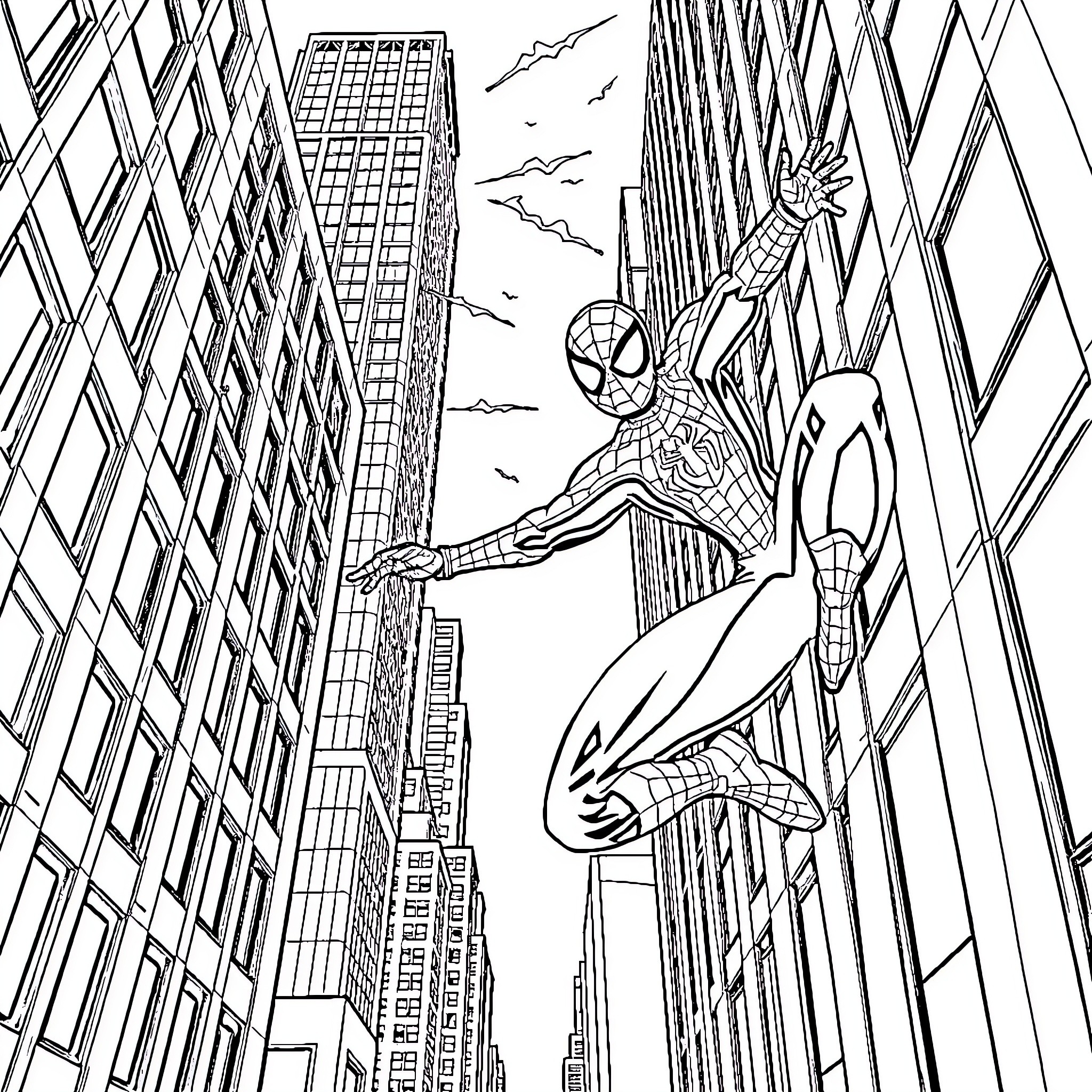 Spider-Man swinging through the city skyline Coloring Page (free black-and-white line drawing printable PDF for all, from beginners to advanced learners, including children, teens, adults, and seniors)