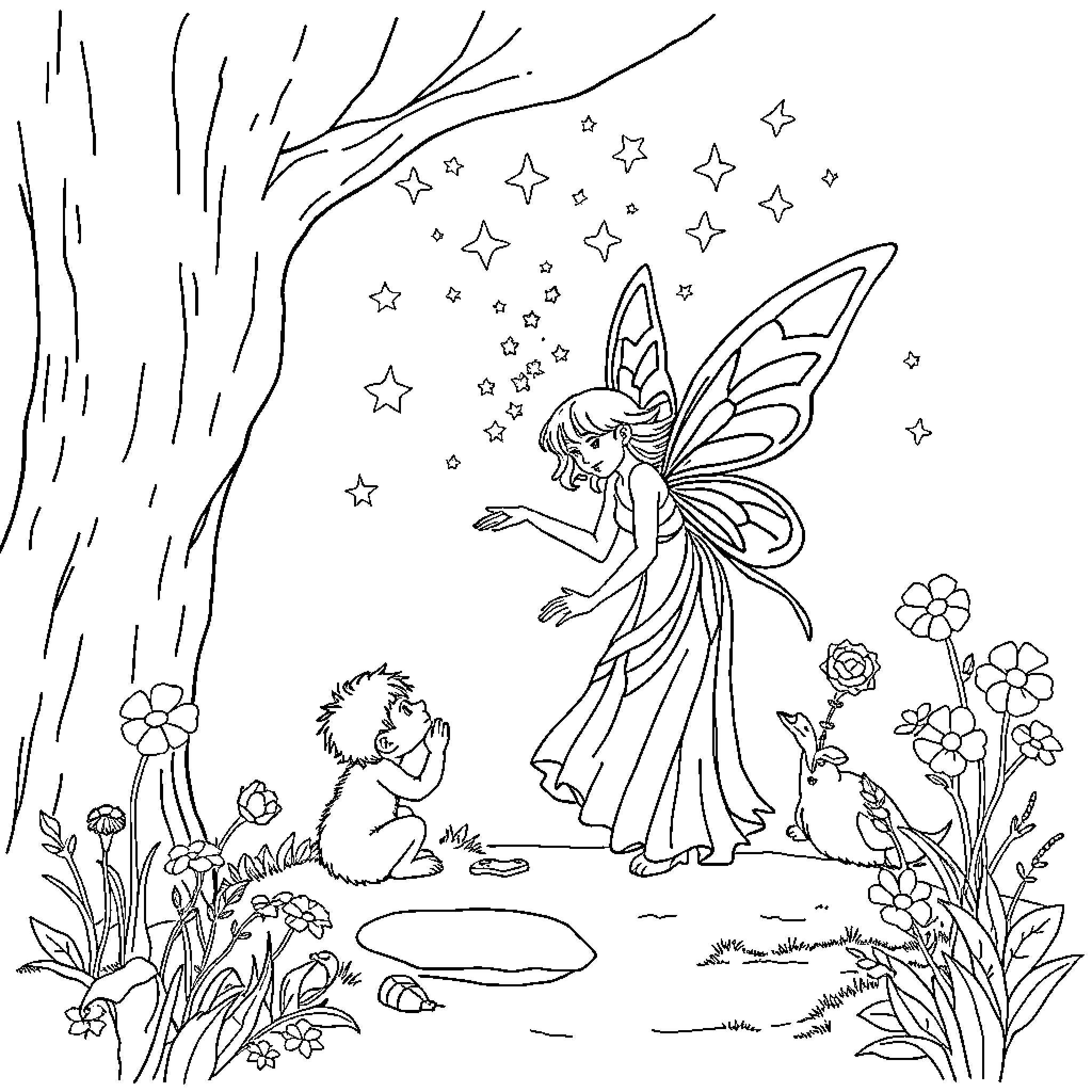 Fairy tending to woodland creatures under the night sky Coloring Page (free black-and-white line drawing printable PDF for all, from beginners to advanced learners, including children, teens, adults, and seniors)