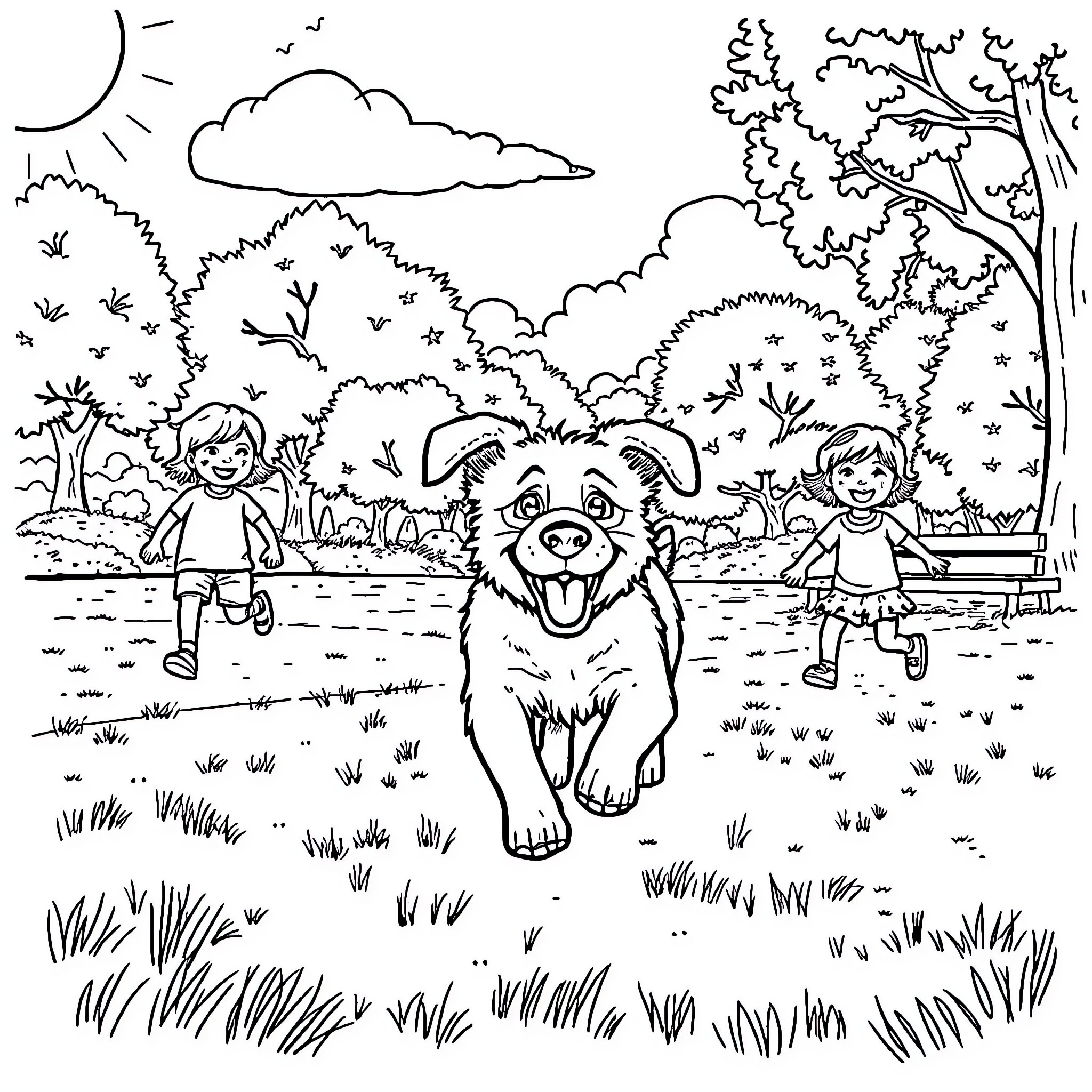 Dog running happily with children in the park Coloring Page (free black-and-white line drawing printable PDF for all, from beginners to advanced learners, including children, teens, adults, and seniors)